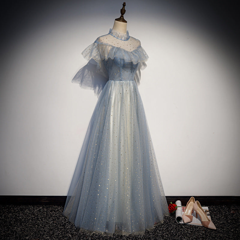 Elegant Off Shoulder A-Line Tulle Prom Dress - Shiny Blue Formal Evening Gown for Homecoming, Wedding & Special Occasions | Size 225