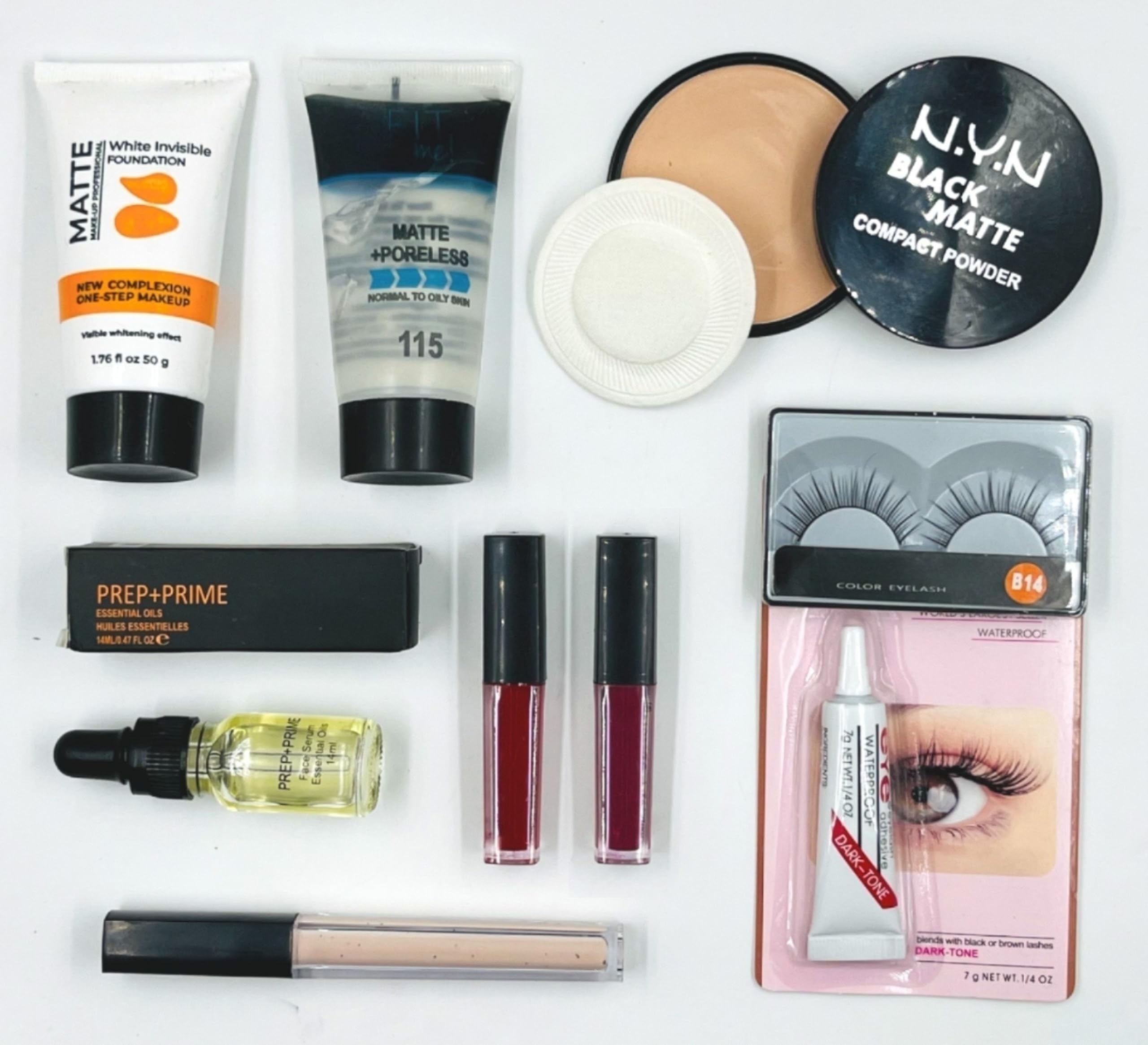 NYN 9-Piece Makeup Kit Set with Essential Oil, Face Primer, Foundation, Concealer, Compact Powder, 2 Lipsticks, Eyelashes & Eye Glue – Perfect for Daily Makeup, Professional Looks & Special Occasions