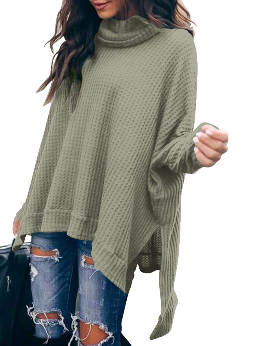 MILLCHIC Women's Oversized Waffle Knit Turtleneck Sweater - Batwing Sleeve Loose Pullover Tunic Top with High Low Hem & Side Slit | Casual Fall Winter Fashion, Layering Piece, Office Wear & Weekend Outfits