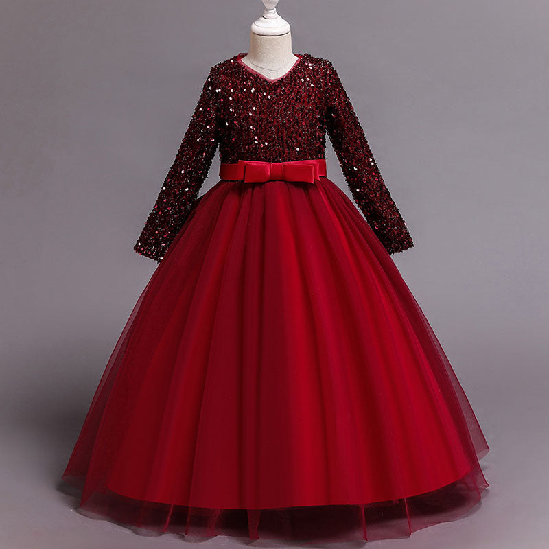 Sparkly Sequined Tulle A-Line Flower Girl Dress with V-Neck & Long Sleeves - Perfect for Weddings, Pageants & Special Occasions