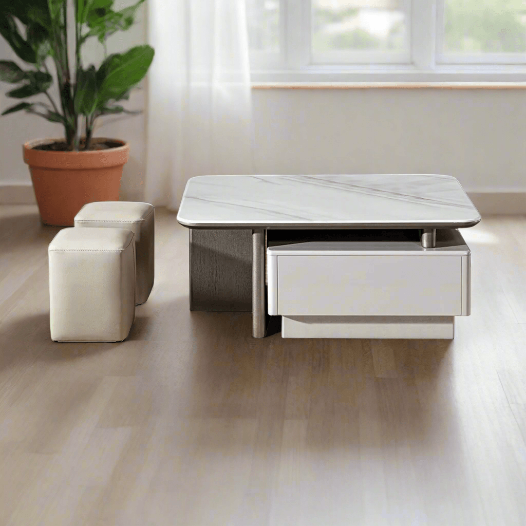 Herlia Extendable Square Coffee Table Set with 2 Matching Stools - Modern Living Room Furniture for Small Spaces, Perfect for Apartments & Home Decor