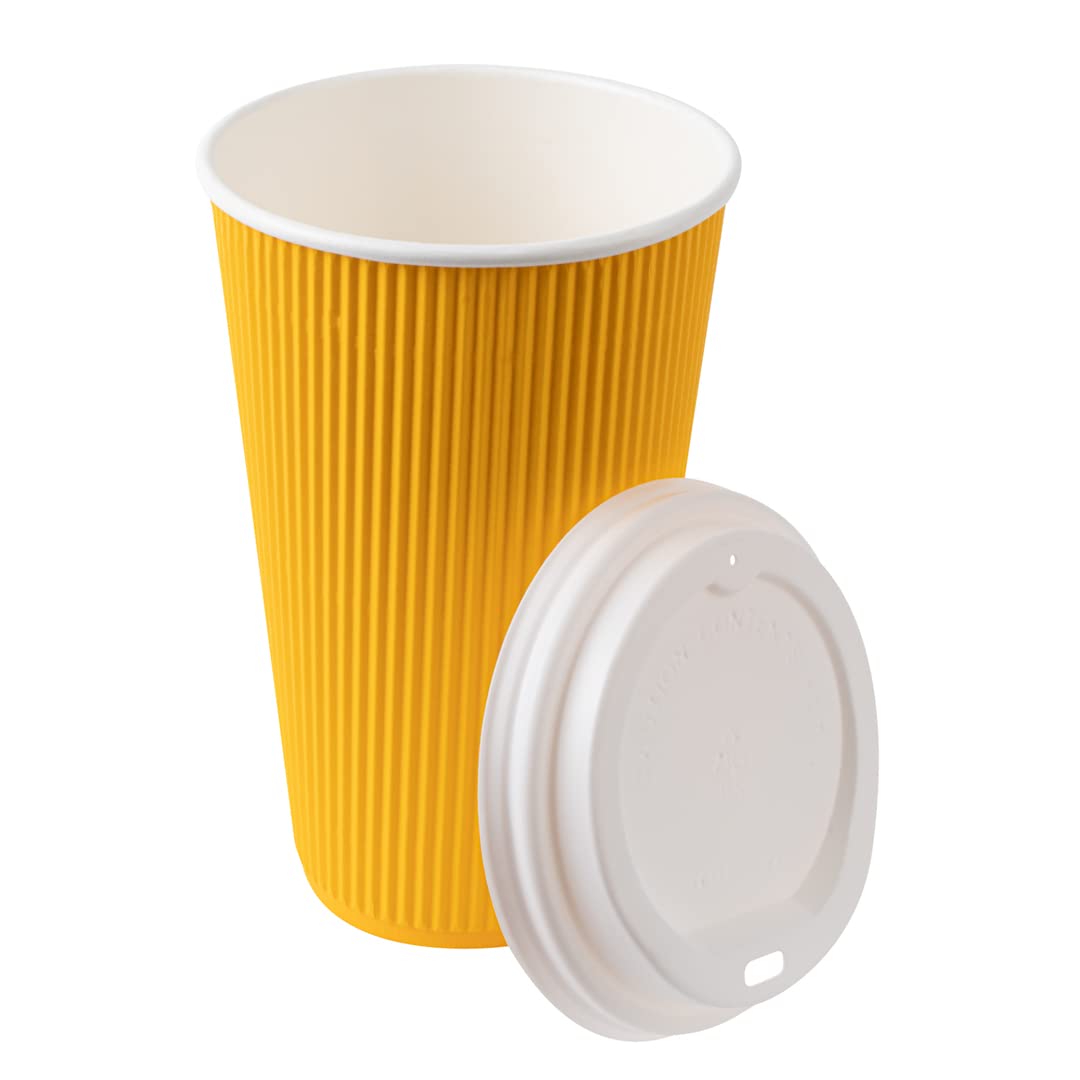 16oz Insulated Coffee Cups with Lids - 200 Pack Leakproof Disposable Hot Drink Cups for Tea, Hot Chocolate & Lattes | Durable Ripple Wall Design, Non-Slip Yellow Paper Cups for Restaurants, Cafes & Office Break Rooms