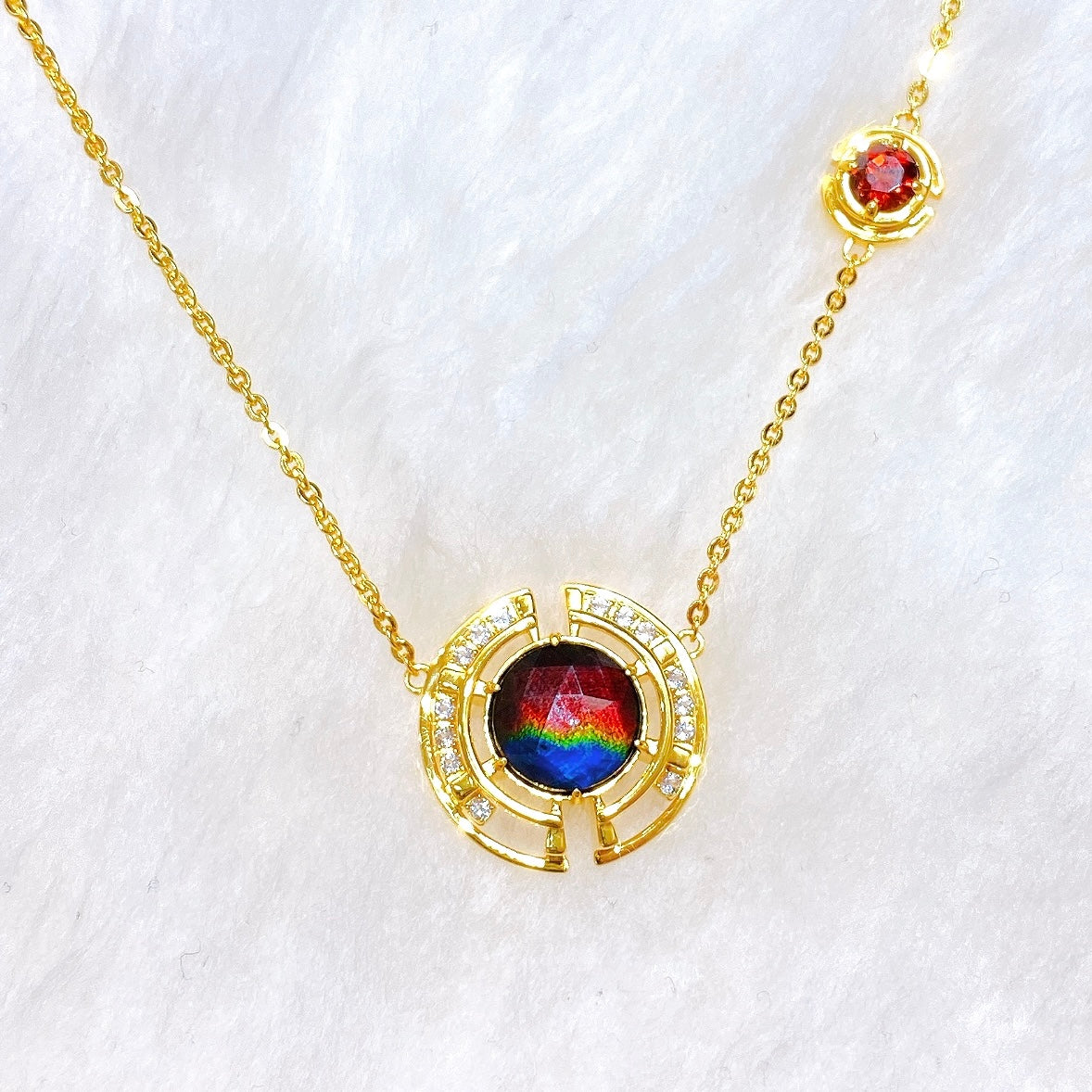 18K Gold Vermeil Ammolite Necklace with Garnet & White Topaz - Elegant Prosperity Jewelry for Women, Gift for Birthday, Anniversary & Special Occasions