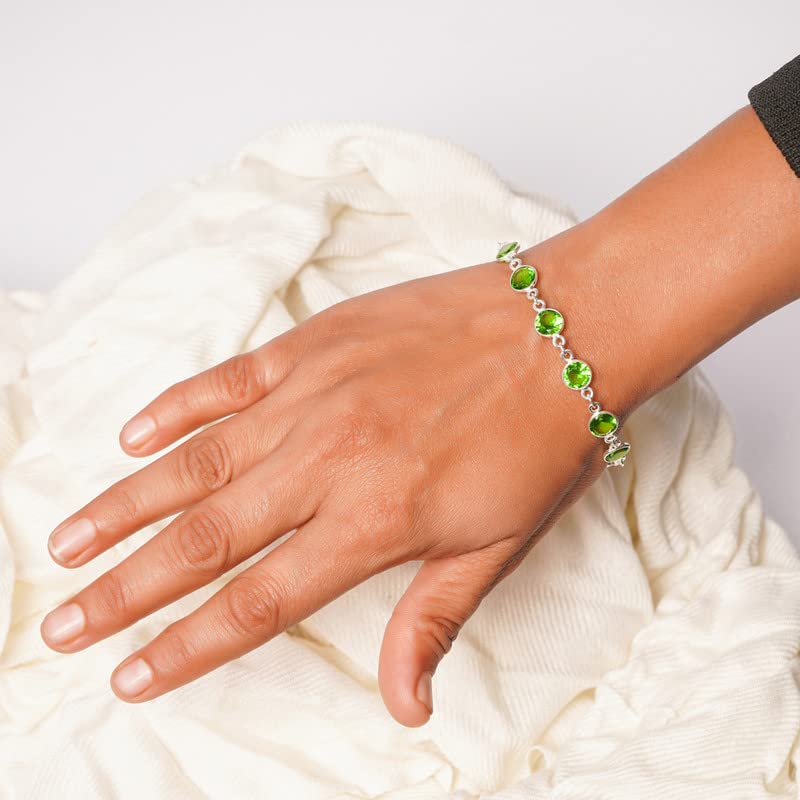 Peridot Stone Bracelet for Women - Adjustable Silver Overlay Bezel Link Bracelet | Handmade Round Gemstone Jewelry | Perfect Christmas Gift, Birthday Present & Everyday Wear