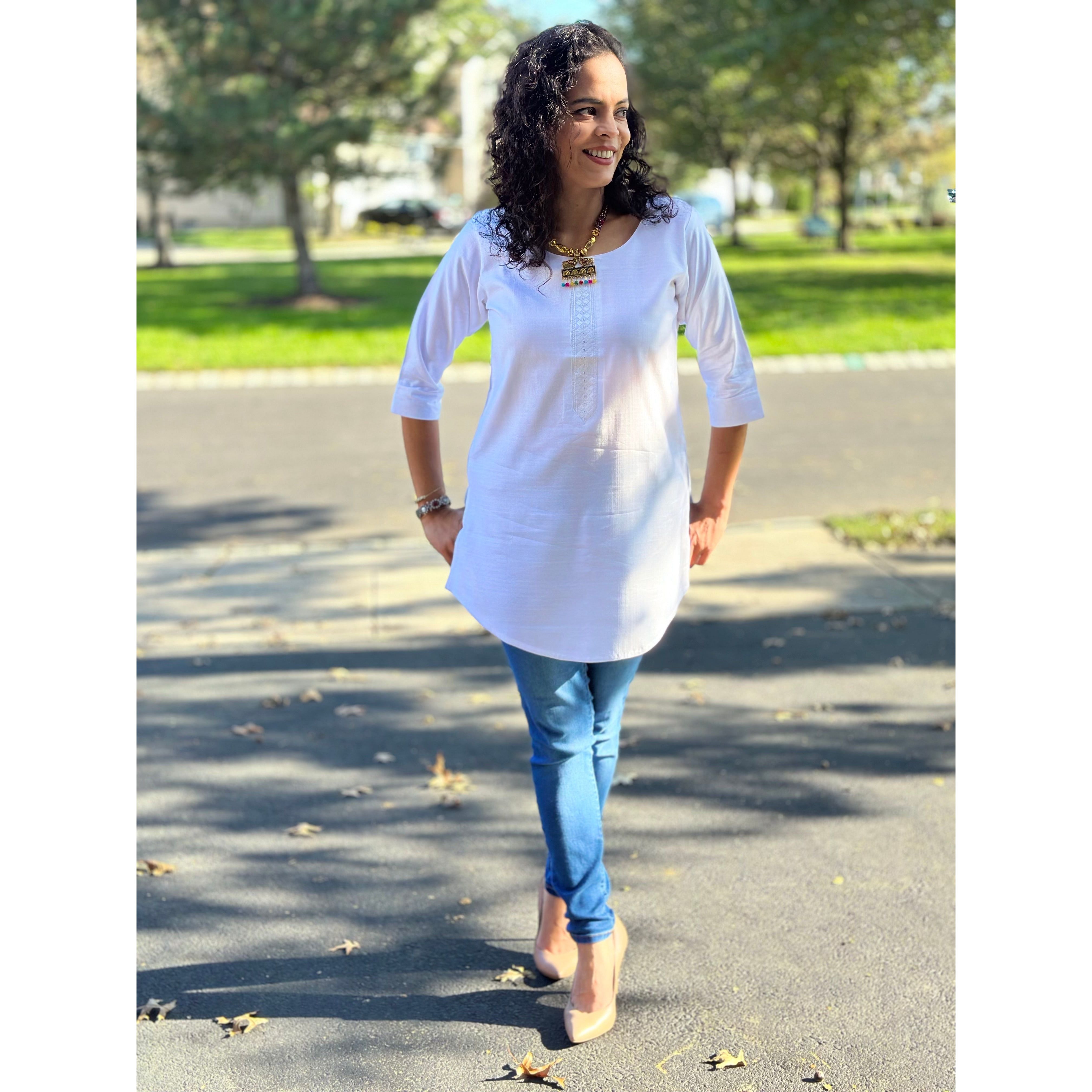 Elegant White Short Kurta for Women - Comfortable Cotton Summer Tunic Top - Perfect for Casual Wear, Festivals & Boho Outfits