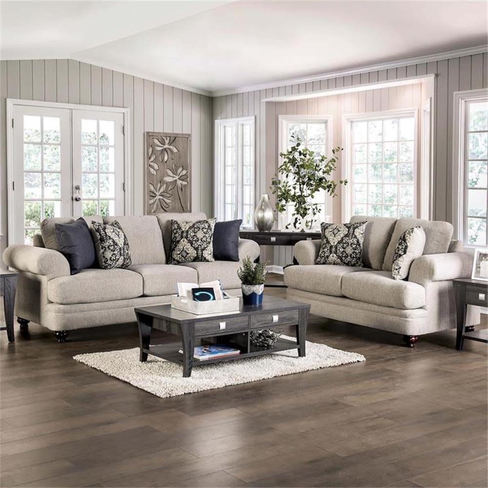 Furniture of America Herst Transitional Chenille Upholstered Sofa in Beige - Comfortable Living Room Couch for Home, Office & Lounge