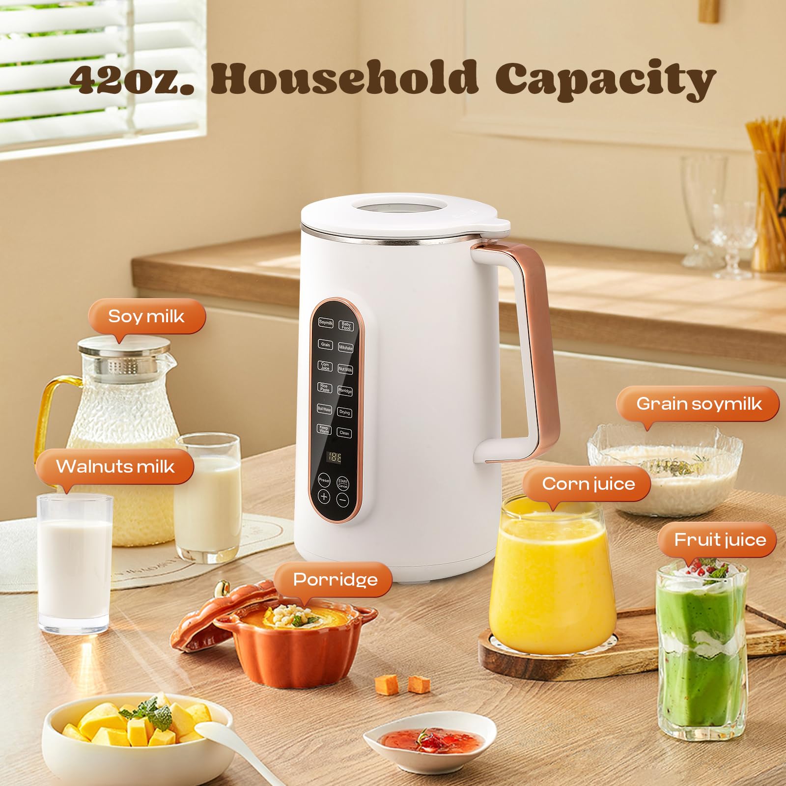 Moongiantgo 40oz Automatic Soy Milk Maker Machine - 8-in-1 Nut Milk Maker for Almond, Oat & Plant-Based Dairy-Free Beverages with 10 Blades, 12H Delay Start, Keep Warm & Auto Clean (White) - Perfect for Vegan Breakfast, Healthy Smoothies & Homemade Nut Milks