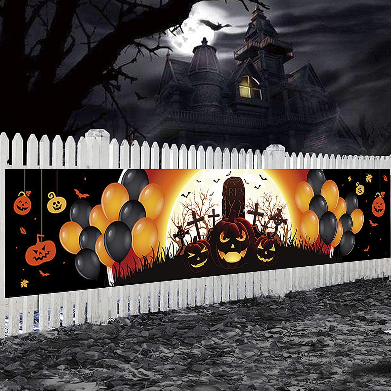 Happy Halloween Fence Decoration Banner - Witch, Pumpkin, Castle & Bat Design - Outdoor Hanging Party Supplies for Garden, Yard, Wall, Garage & Porch - Perfect for Halloween Parties, Trick-or-Treat Decor & Spooky Home Decorations