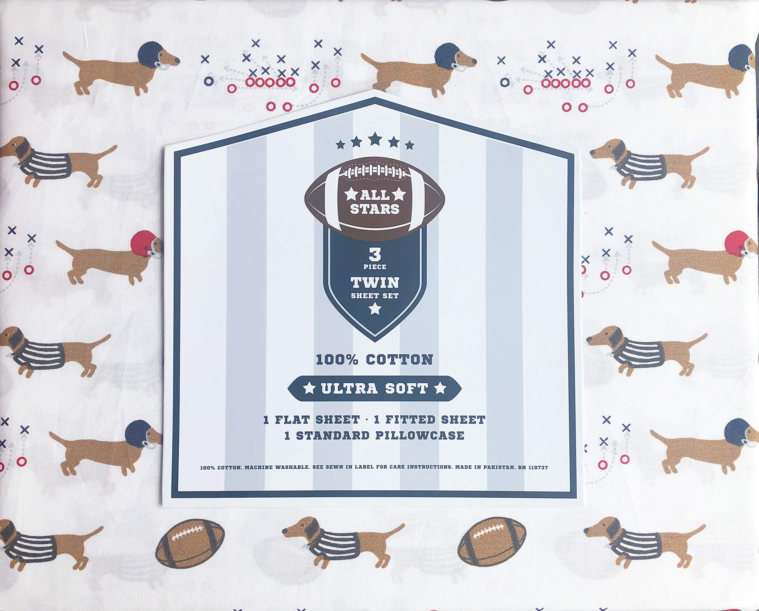 3 Piece Twin Size Football Dogs Bed Sheet Set - Dachshunds in Helmets & Referee Shirts | Soft Microfiber Bedding for Kids, Teens & Dorm Rooms (Sports Theme)