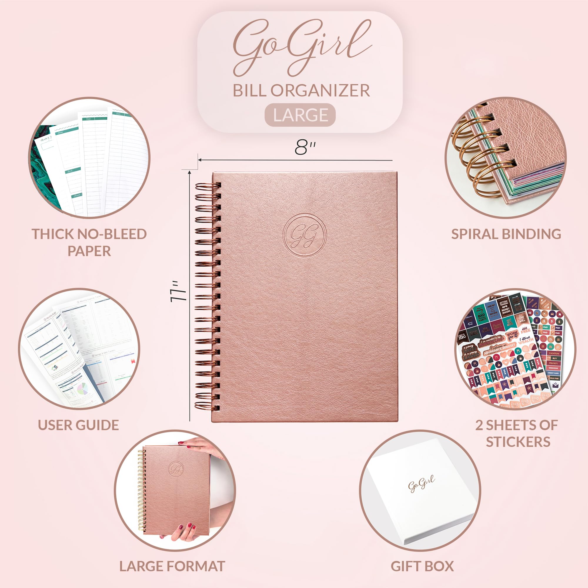 GoGirl Budget Planner - Monthly Bill Organizer with Pockets for Home & Office Finance Tracking (Rose Gold)