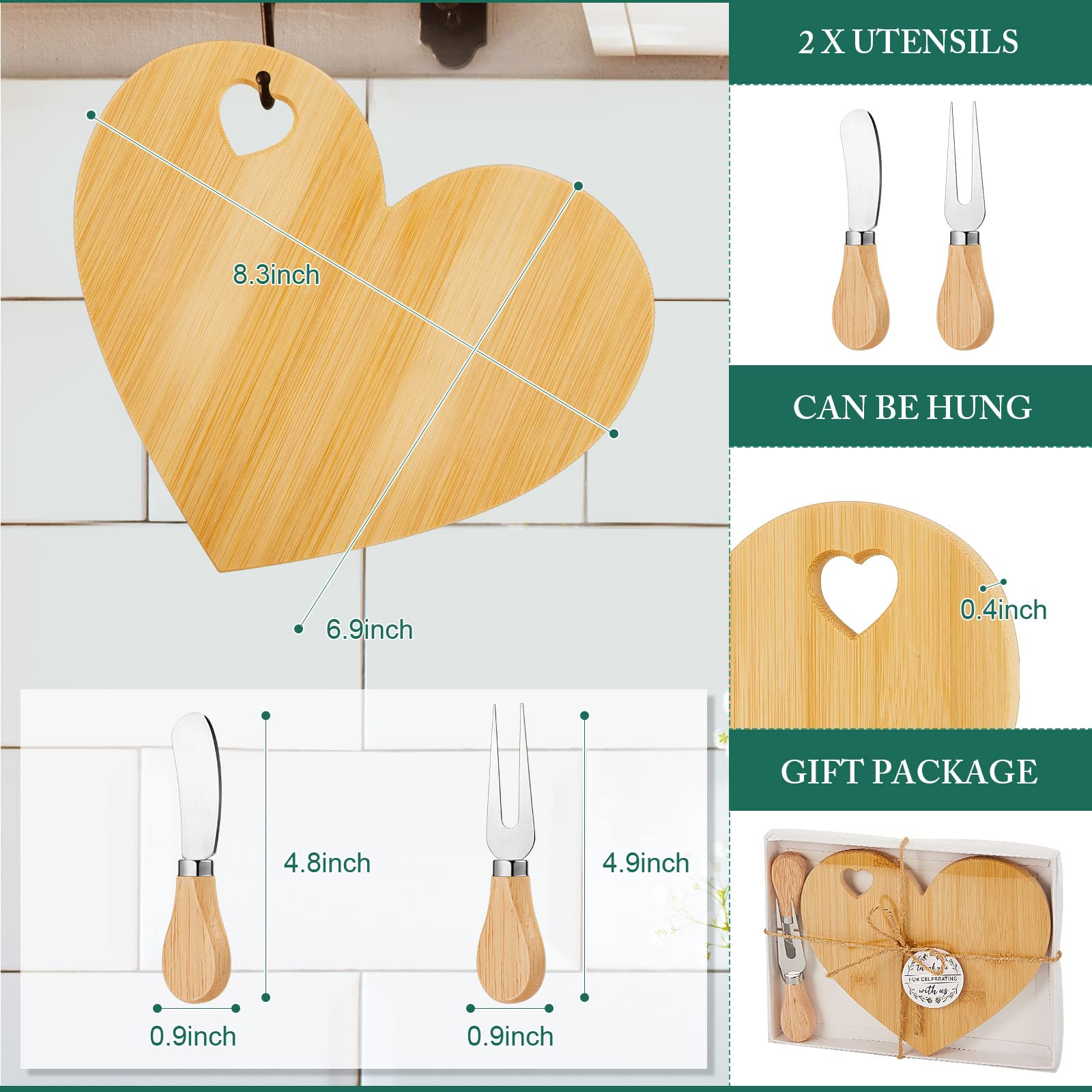 12-Piece Heart-Shaped Cheese Board Set with Wooden Knives - Mini Charcuterie Board for Bridal Shower Favors, Wedding Gifts, Baby Showers, Birthday & Valentine's Day - Bamboo Color - Perfect for Entertaining Guests at Parties & Special Events