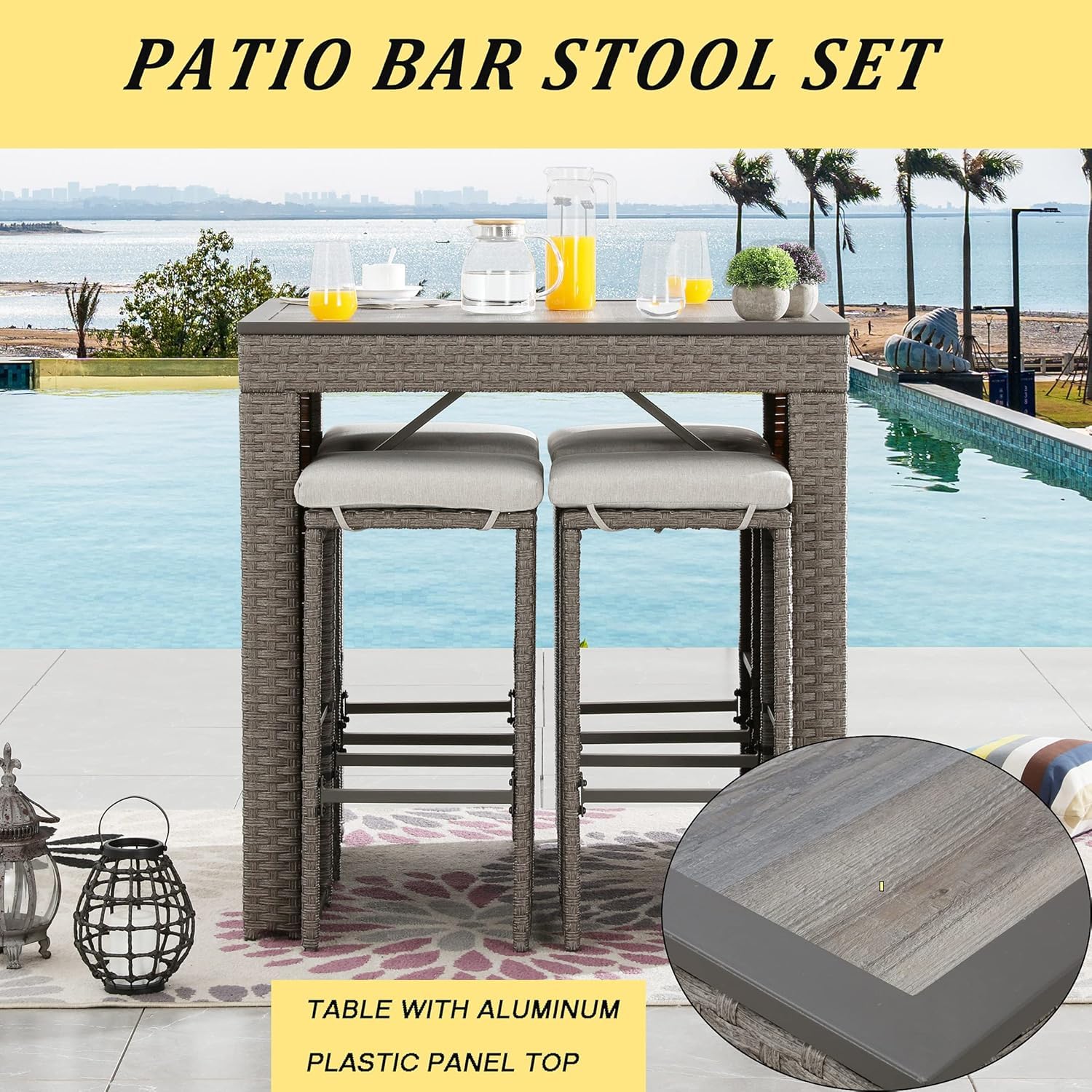 LOKATSE HOME 5-Piece Outdoor Bar Set with Patio Stools & Rattan Table - Pub Height Wicker Furniture with Removable Cushions - Perfect for Backyards, Porches, Gardens, Poolside & Outdoor Entertaining - Brown