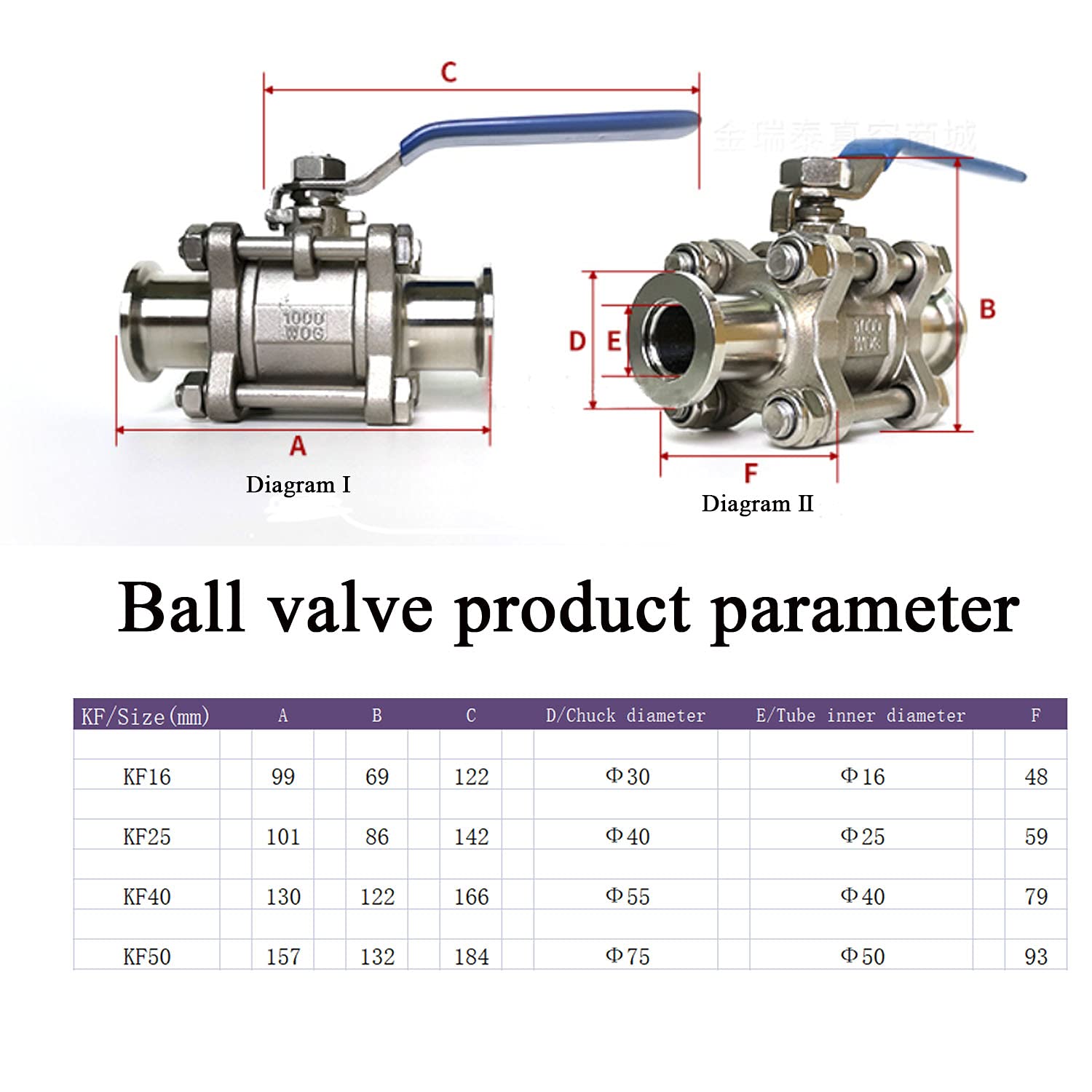 304 Stainless Steel KF25 High Vacuum Ball Valve with Blue Locking Handle - Fast Clamp Seal for Lab, Semiconductor & Vacuum Systems