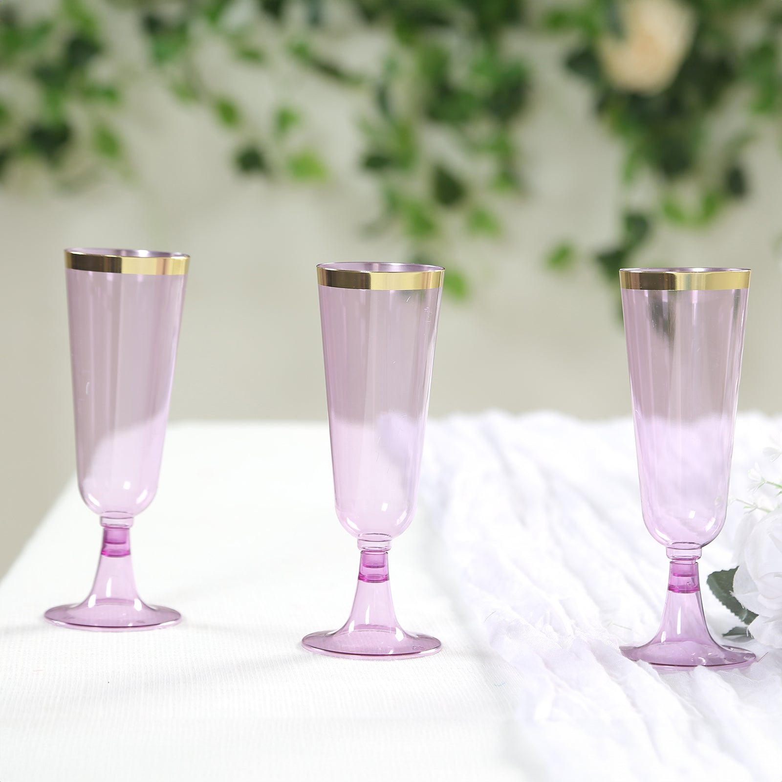 12 Pack Disposable Plastic Champagne Flutes - 5oz Clear Purple with Gold Rim, Elegant Party Cups for Weddings, Bridal Showers & Special Events