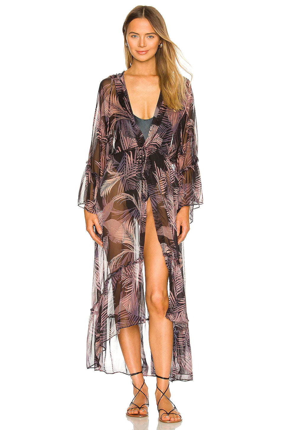 Cruz Robe - San Miguel Palm Chiffon Kimono Cover Up for Women - Beachwear, Resort Wear & Loungewear