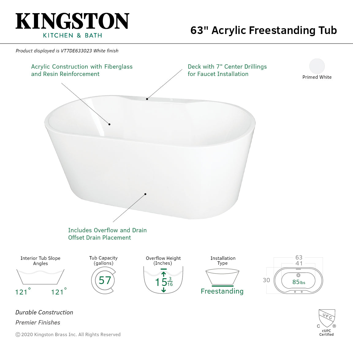 Aqua Eden VT7DE633023 63-Inch Freestanding Acrylic Oval Bathtub with Drain - Glossy White - Perfect for Luxury Bathrooms & Spa Retreats