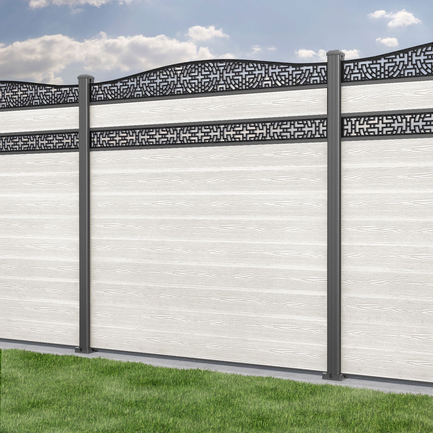 Classic Kumo Curved Top Split Screen Fence Panel in Light Stone with Aluminum Posts - Perfect for Garden Privacy, Patio Decoration, and Backyard Landscaping