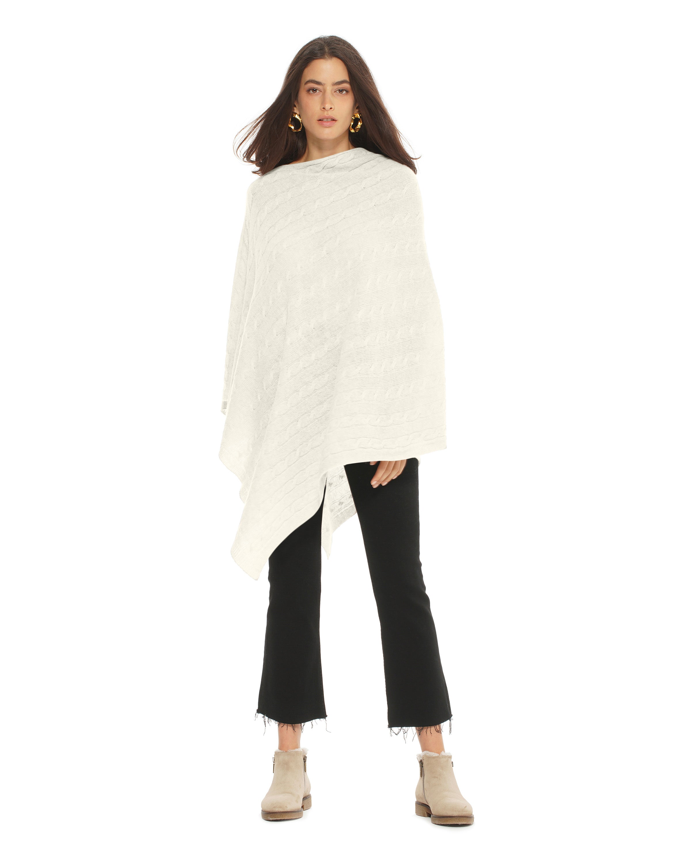 Luxury Women's Pure Cashmere Cable Knit Poncho - Soft Winter Shawl Wrap - Elegant Milk White Color for Office, Travel & Casual Outfits