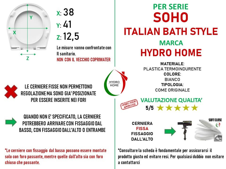 Hydro Home Soft Close White Soho Italian Bath Style Elongated Toilet Seat with Lid - Durable & Comfortable for Modern Bathrooms, Perfect for Home & Hotel Use