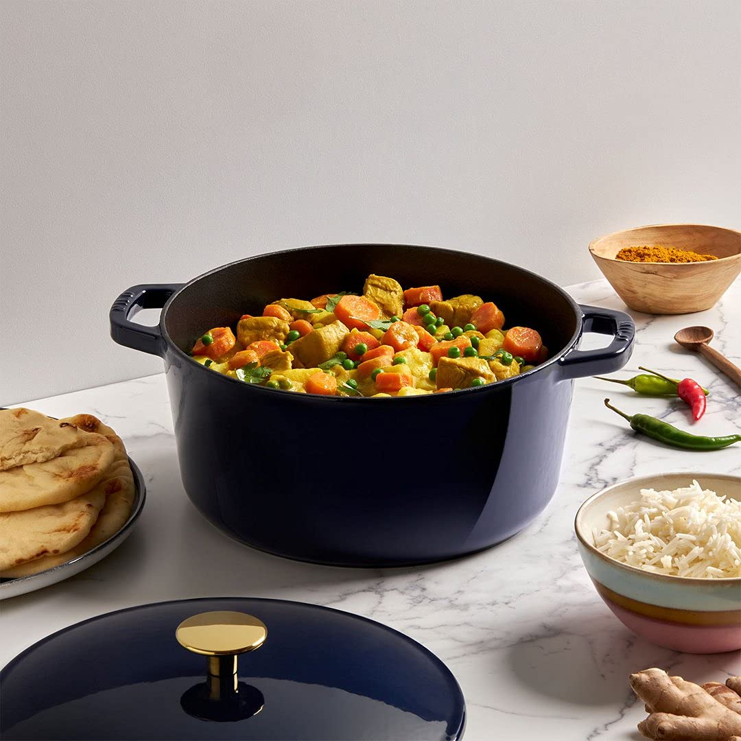 Premium Milo by Kana 3.5-Quart Enameled Cast Iron Dutch Oven with Lid - Navy Blue & Gold Knob | Heavy Duty Casserole Pot for Baking, Roasting & Slow Cooking | Oven & Dishwasher Safe Enamel Coated Cookware | Perfect for Soups, Stews & Family Dinners