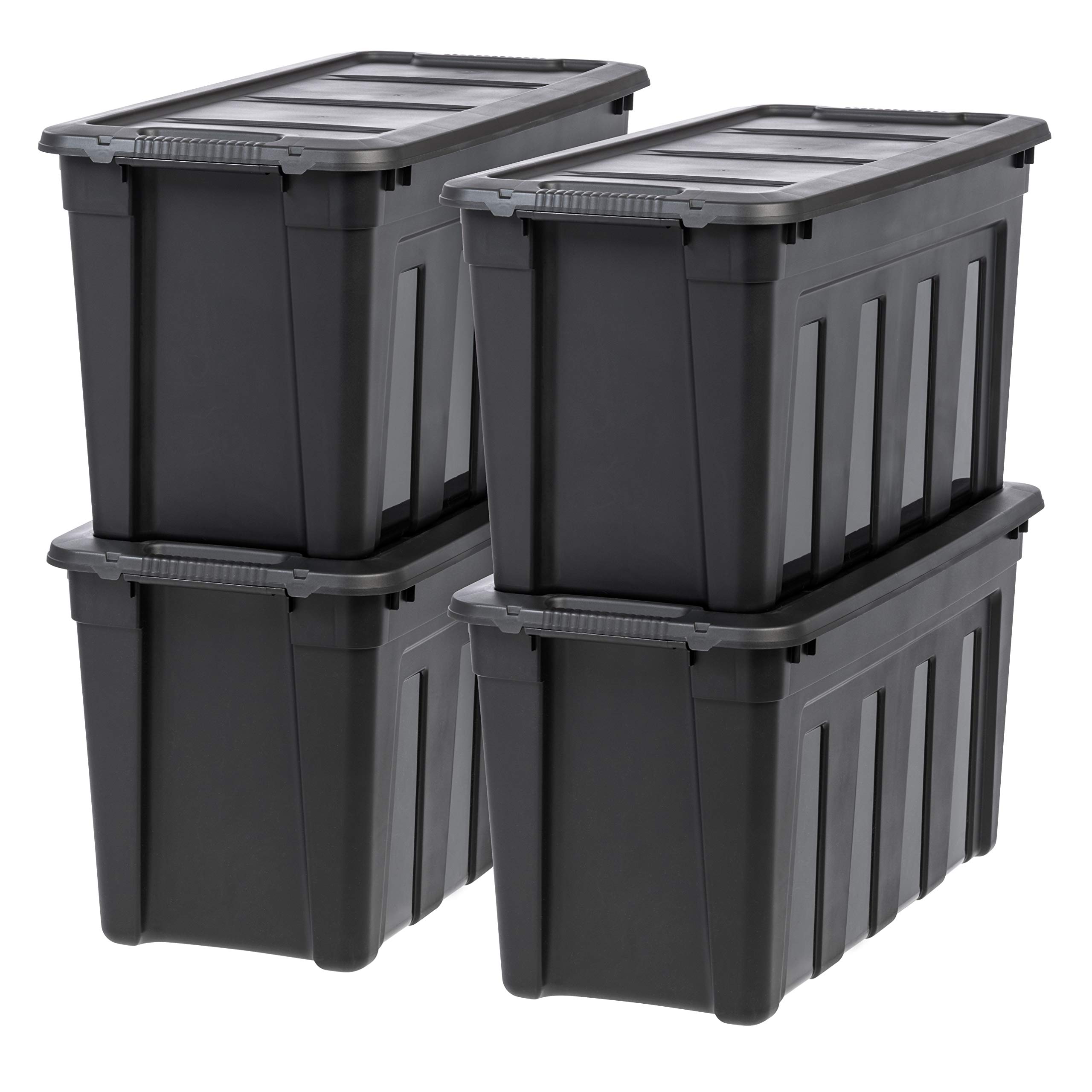 31 Gallon Heavy Duty Storage Totes with Easy-Grip Handles - 4 Pack Stackable Utility Bins with Lids | Durable Garage Organization Containers | Made in USA (Black) | Perfect for Home, Office & Warehouse Storage Solutions