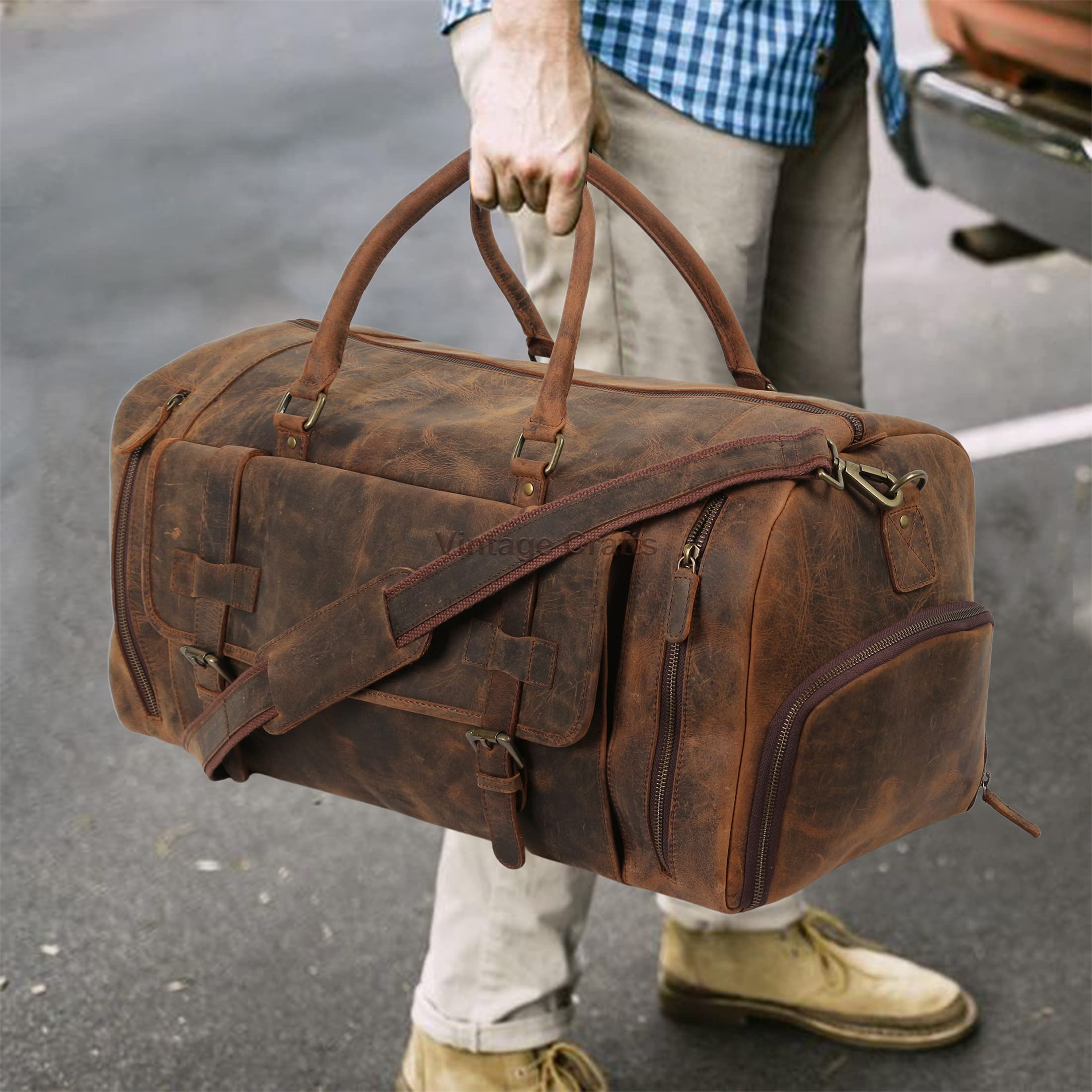 22 Inch Genuine Leather Full Grain Duffel Bag for Travel & Gym - Durable Carry-On Overnight Weekender with Shoe Compartment - Perfect for Business Trips, Workouts & Weekend Getaways (Men & Women)