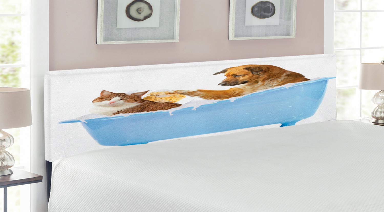 Ambesonne King Size Upholstered Metal Bed Headboard with Memory Foam - Cat & Dog Shower Fun Print, Decorative Multicolor Headboard for Pet Lovers' Bedroom | Perfect for Modern Home Decor & Cozy Pet-Themed Bedrooms