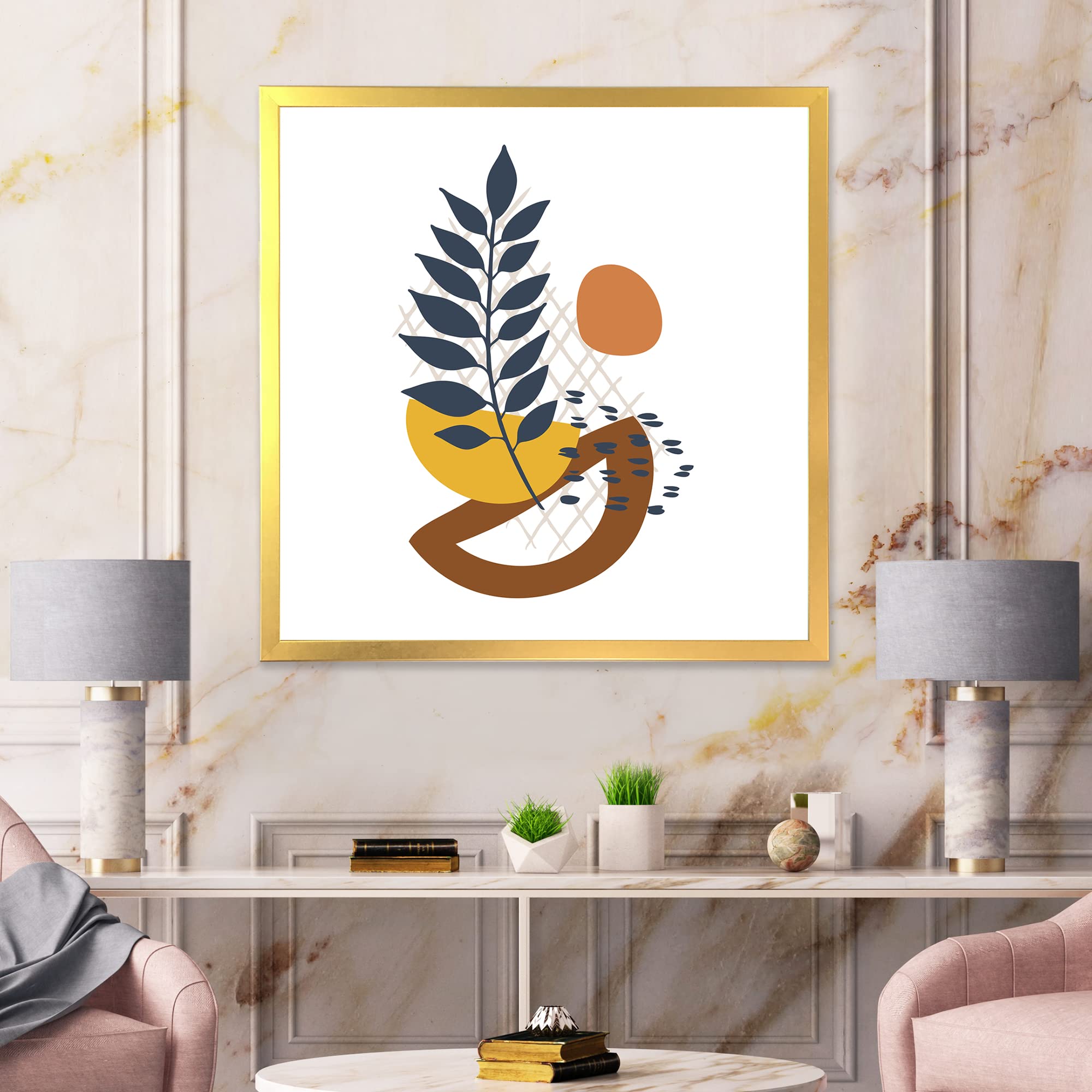 Modern Abstract Leaf Design Framed Wall Art for Living Room, Bedroom & Office Decor - Elementary Shapes Contemporary Home Decor