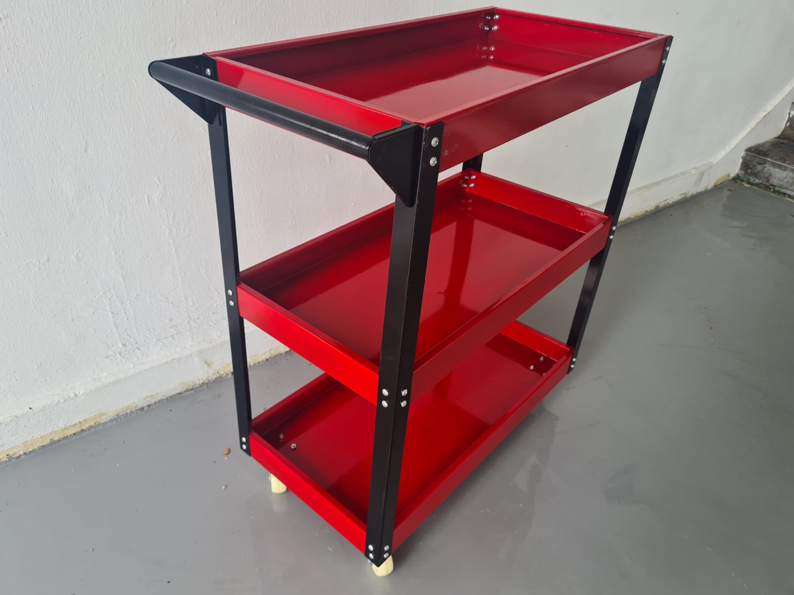 3 Stage Heavy Duty Metal Trolley Cart - Red, 1.4ft(W) x 2.1ft(L) x 2.3ft(H) | Model TRL 3S | Perfect for Warehouse, Garage & Industrial Material Handling