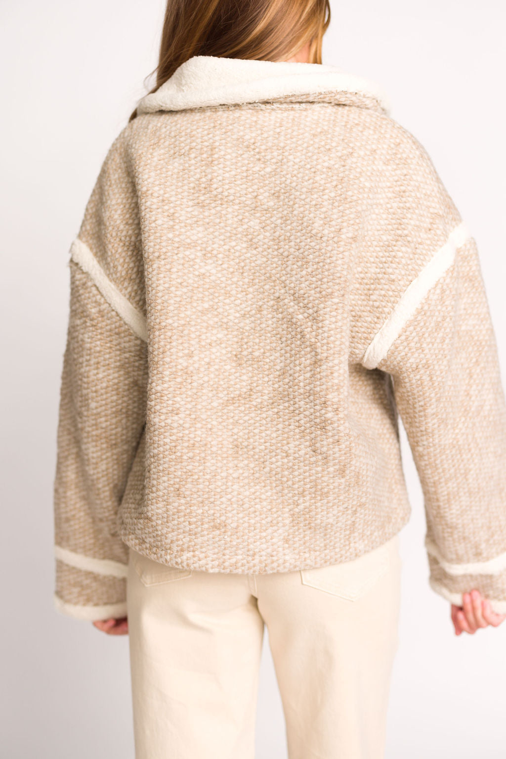 Presley Mixed Color Mini Pompom Jacket in Beige Combo - Stylish Women's Winter Coat for Casual Outings & Holiday Parties
