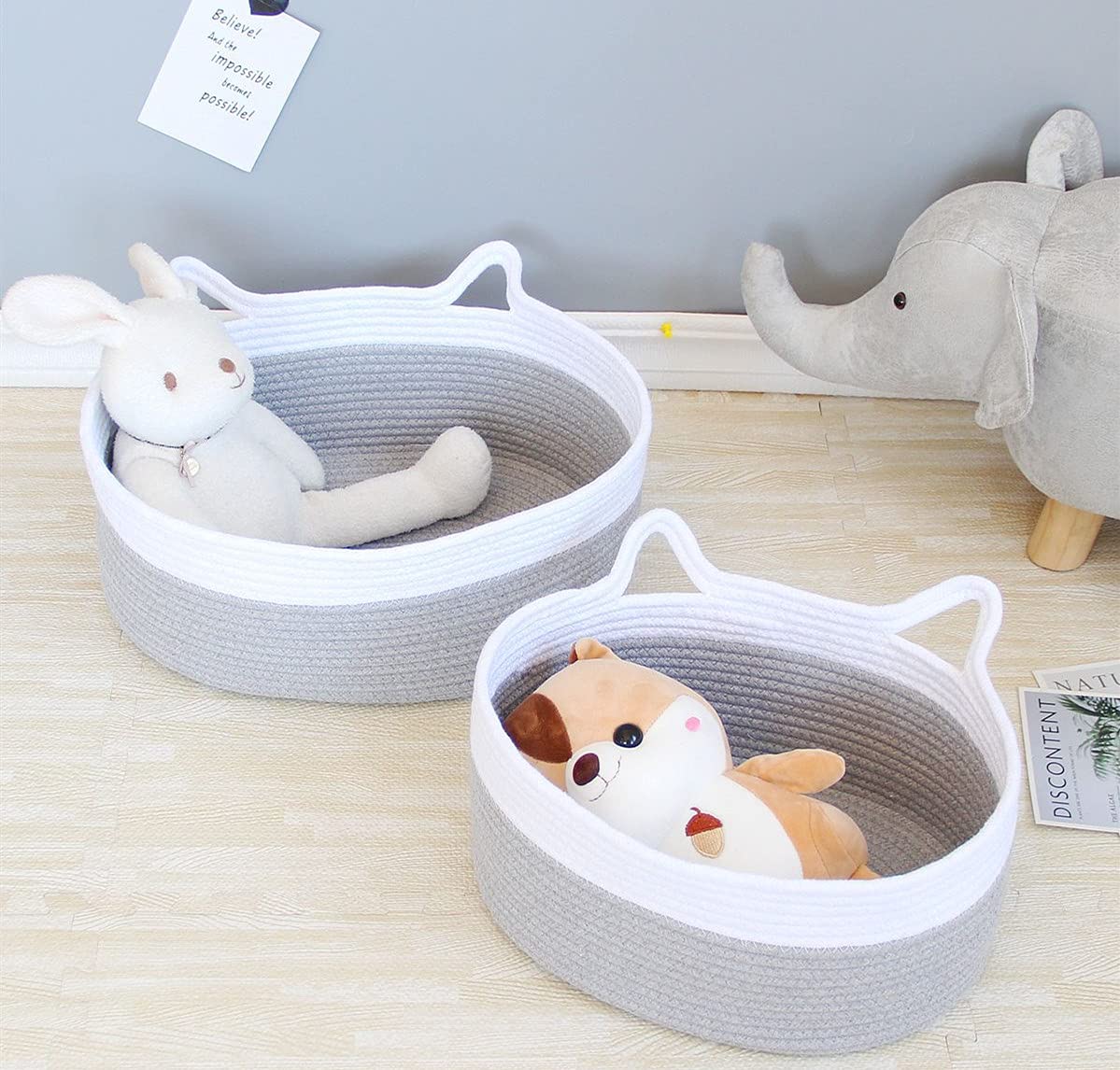 2 Pack Small Woven Cotton Rope Baskets - Gray Storage Baskets for Baby Room, Pet Toys, Shelves & Home Decor | Perfect for Organizing, Gift Giving & Nursery Storage (Grey, CAT-G01)