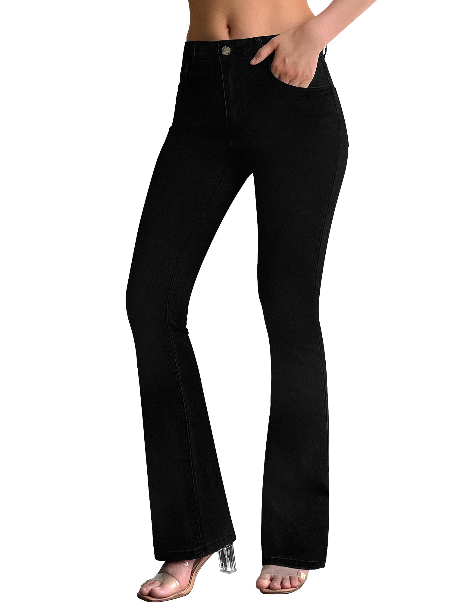 Roswear Women's Mid Waist Bell Bottom Stretchy Flare Jeans - High Comfort Retro 70s Style Pants for Casual Wear, Date Night & Vintage Fashion Outfits