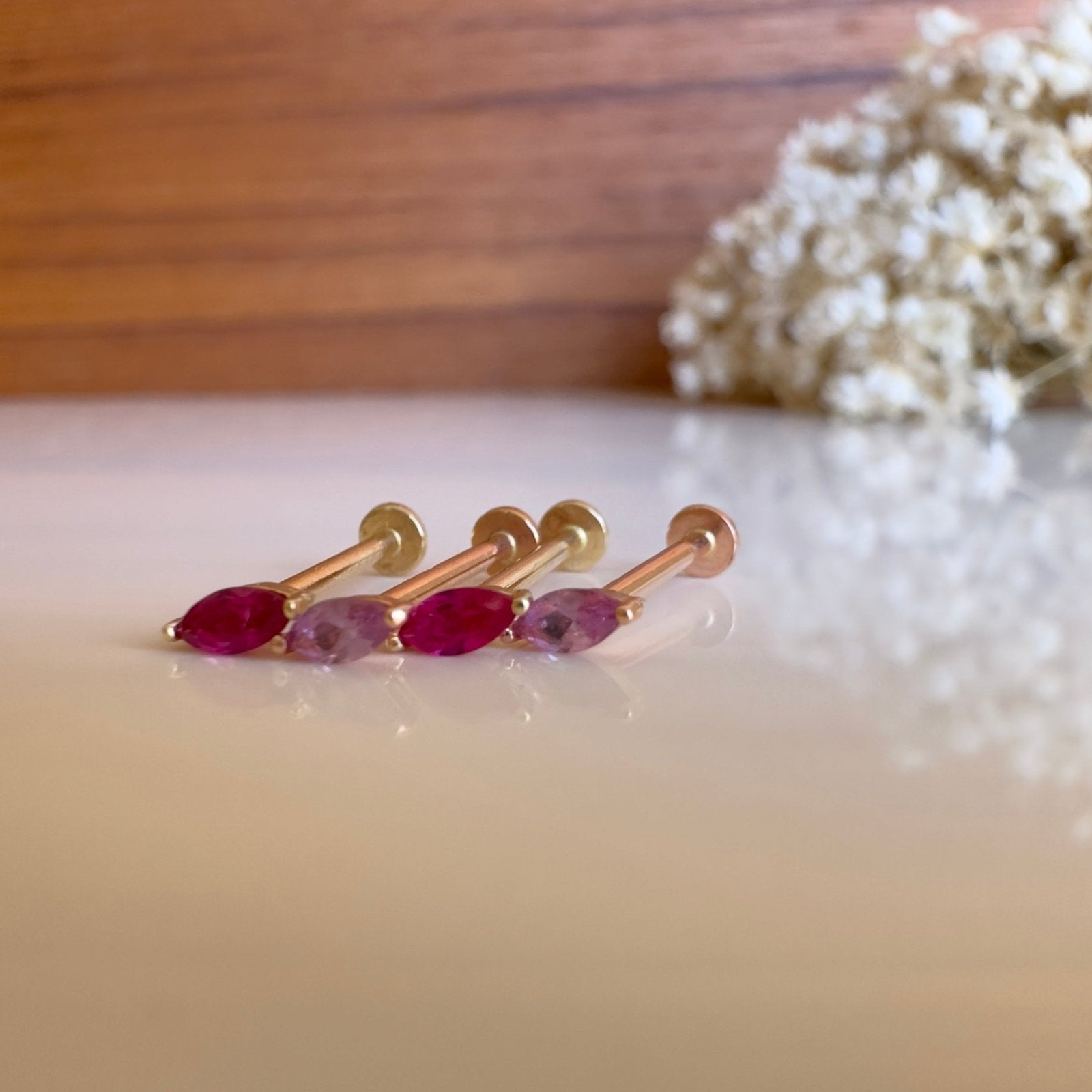 14k Rose Gold Marquise Pink Tourmaline Stud Earrings - Dainty Flat Back Earrings for Women, Perfect for Everyday Wear & Special Occasions
