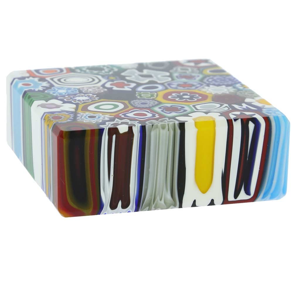 Authentic Murano Glass Millefiori Square Paperweight from Venice - Medium Size Handcrafted Italian Art Glass - Perfect for Office Desk Decor & Luxury Gift