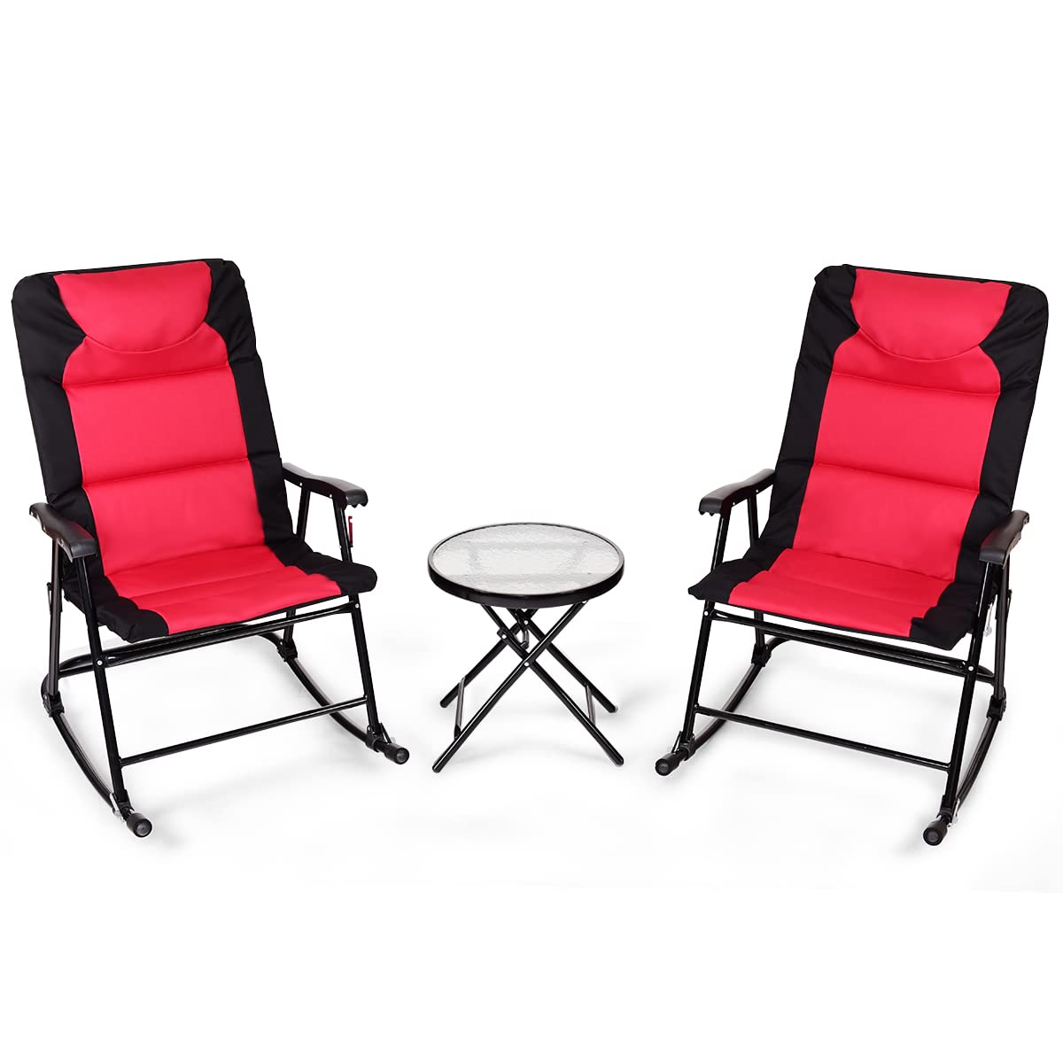 Tangkula 3-Piece Folding Bistro Set with Rocking Chairs & Round Table - Outdoor Patio Furniture for Backyard, Garden, Poolside, Porch - Red - Perfect for Relaxing, Entertaining & Small Space Living