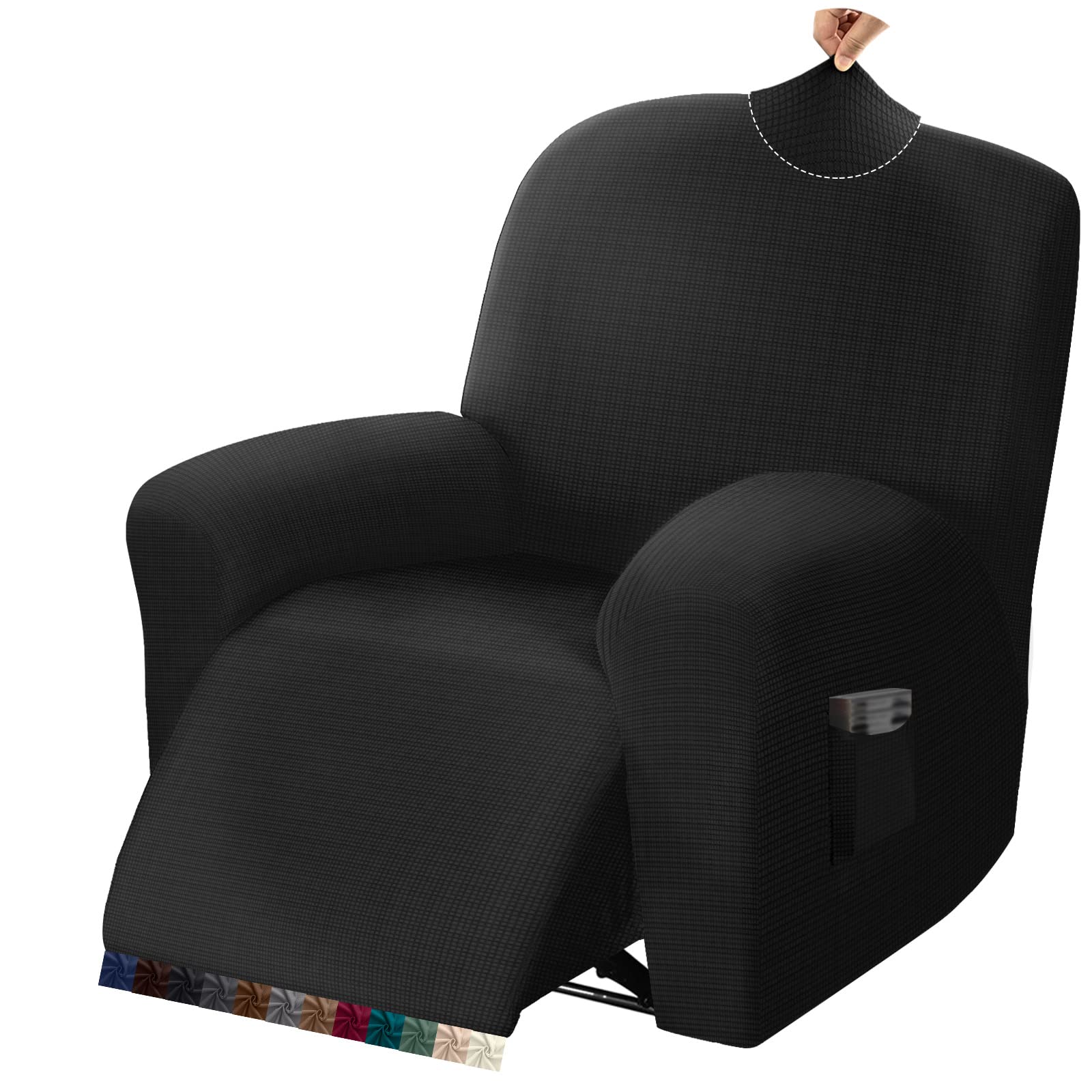 Granbest Stylish Waffle Recliner Chair Cover - Durable Thick Slipcover with Pockets & Elastic Bottom - Furniture Protector for Living Room, Bedroom, Office (Black)