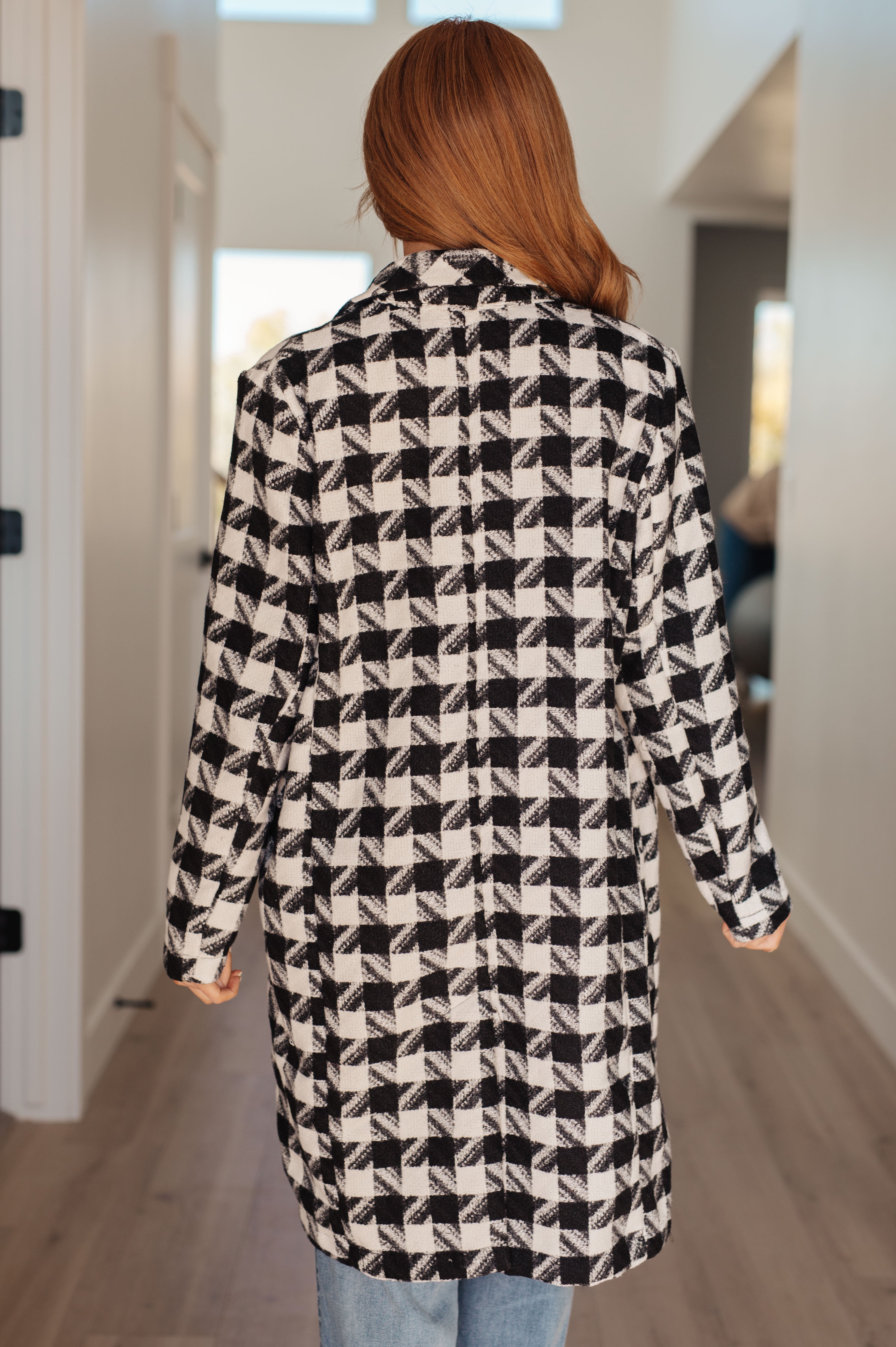 Stylish Monochrome Houndstooth Trench Coat for Women - Classic Black & White Checkered Winter Jacket | Perfect for Office Wear, Business Meetings & Fall Fashion Outfits