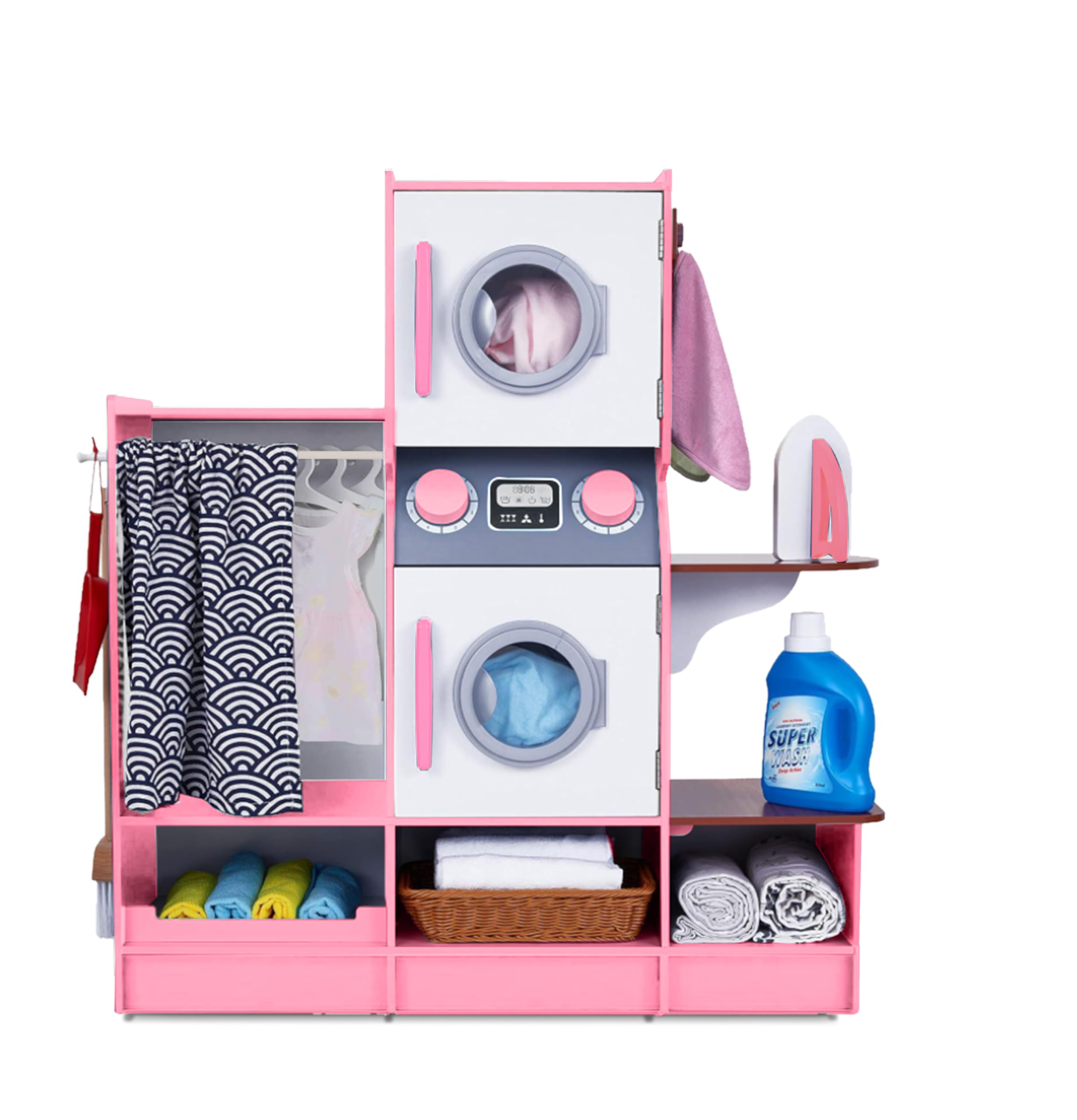 Lil' Jumbl Kids Washer and Dryer Playset - Wooden Pretend Laundry Toy Set with Broom, Dustpan, Iron, Hangers & Basket - Realistic Laundry Room Playset for Toddlers & Preschoolers - Pink - Perfect for Imaginative Play, Role-Playing & Early Learning Activities