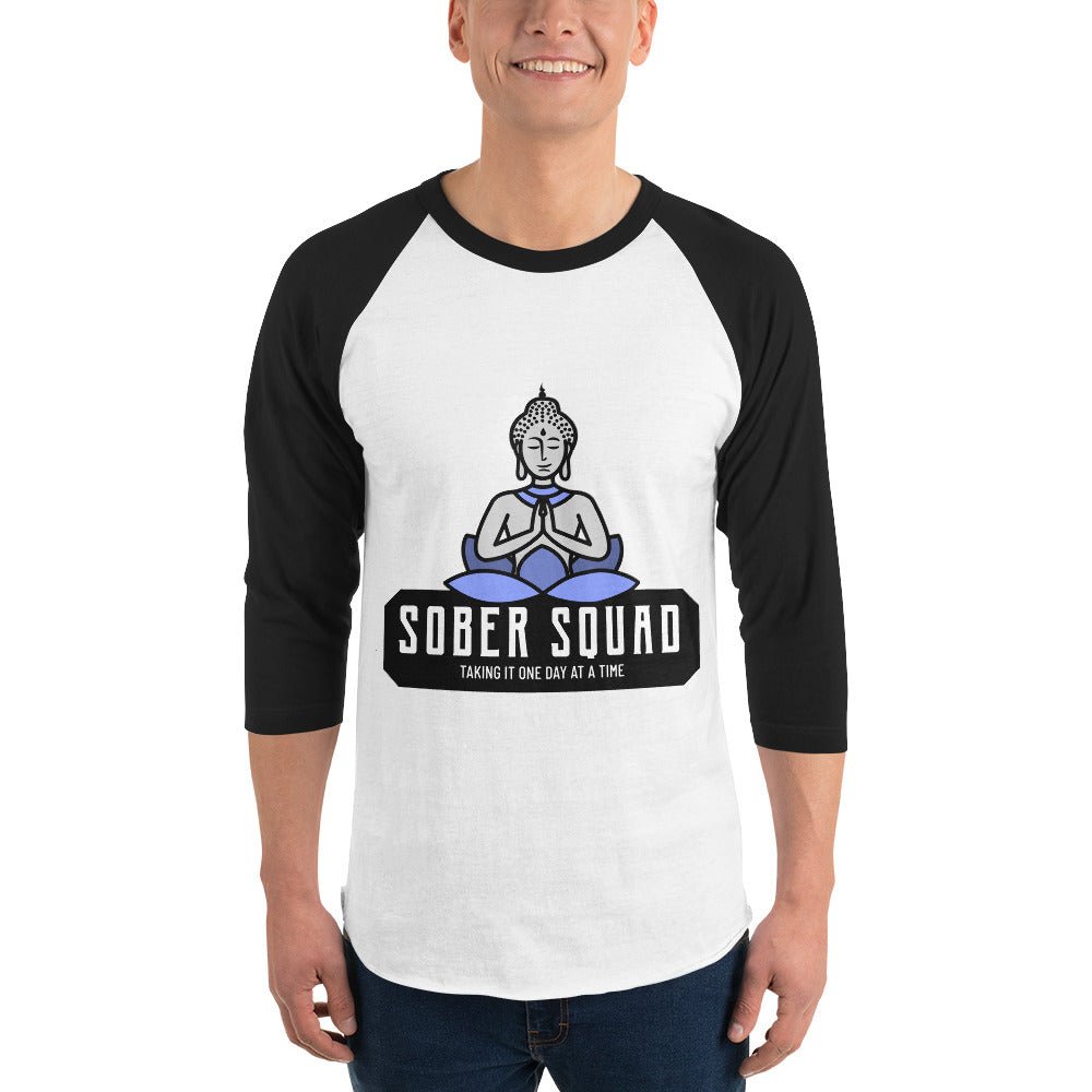 Sober Squad 3/4 Sleeve Raglan T-Shirt with Meditative Buddha Print - Yoga, Meditation & Mindfulness Apparel for Men & Women