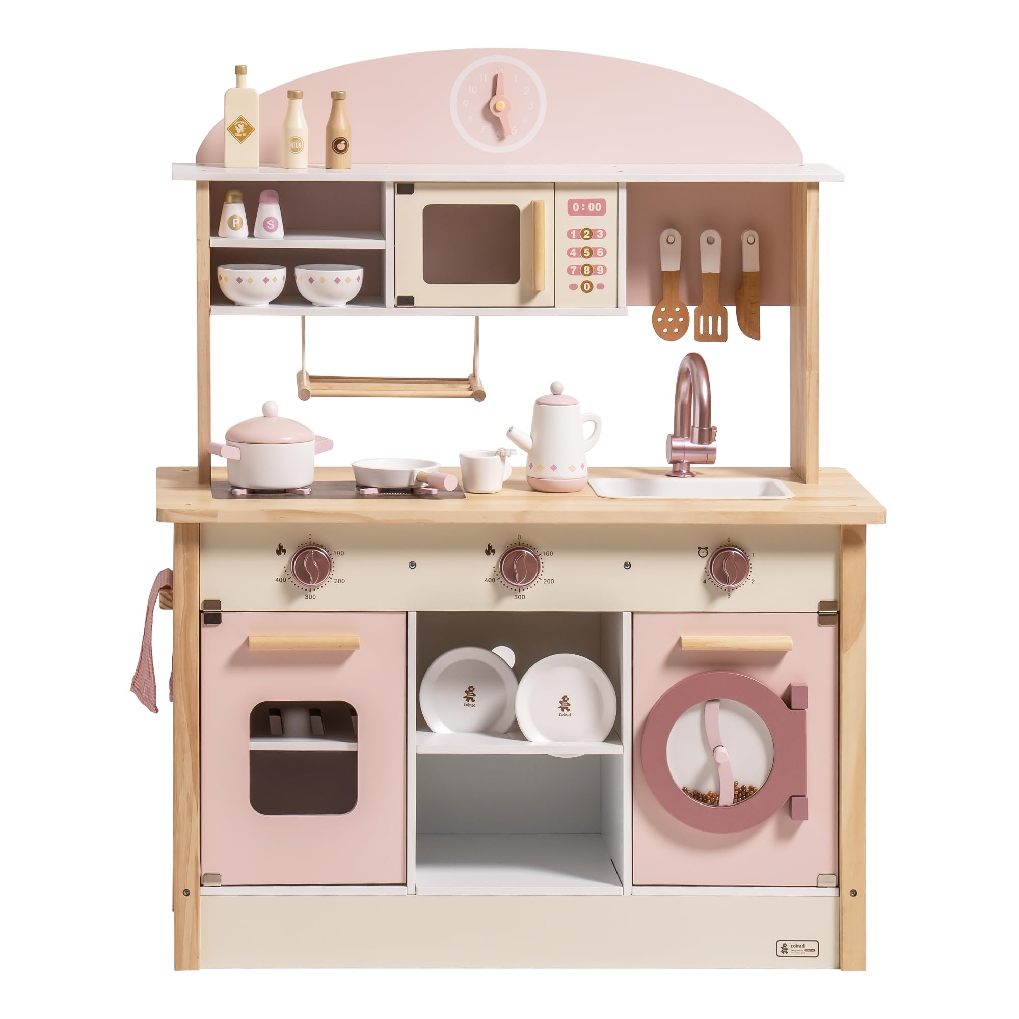 ROBUD Wooden Play Kitchen Set for Kids & Toddlers - Realistic Toy Kitchen with Accessories, Modern Design for Pretend Play - Perfect Gift for Boys & Girls Ages 3+ (Pink) | Great for Birthday, Christmas & Indoor Pretend Play Activities