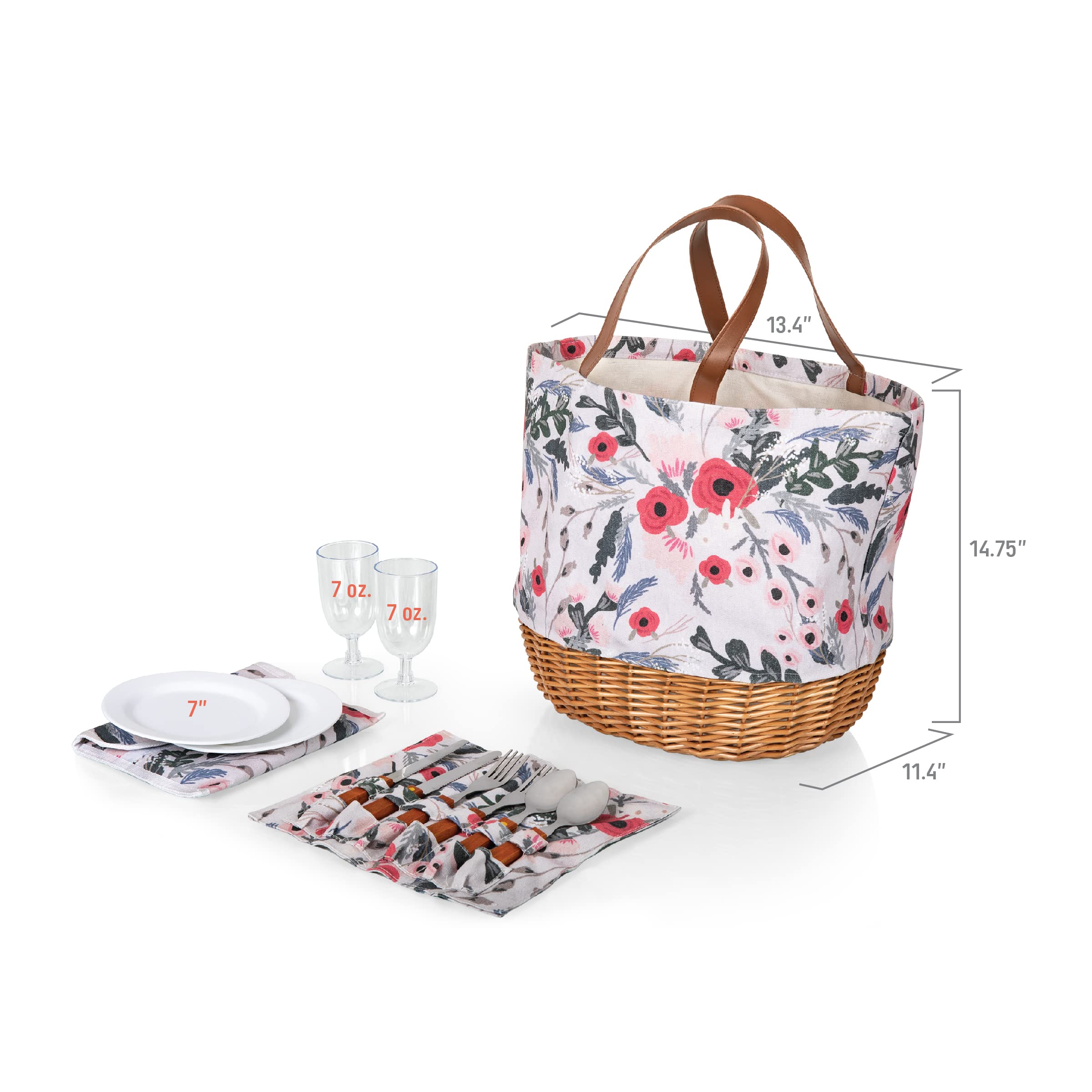 PICNIC TIME Promenade Picnic Basket for 2 - Canvas & Willow Picnic Set with Utensils, Wine Glasses & Plates (Floral Design) - Perfect for Romantic Dates, Outdoor Picnics & Beach Getaways