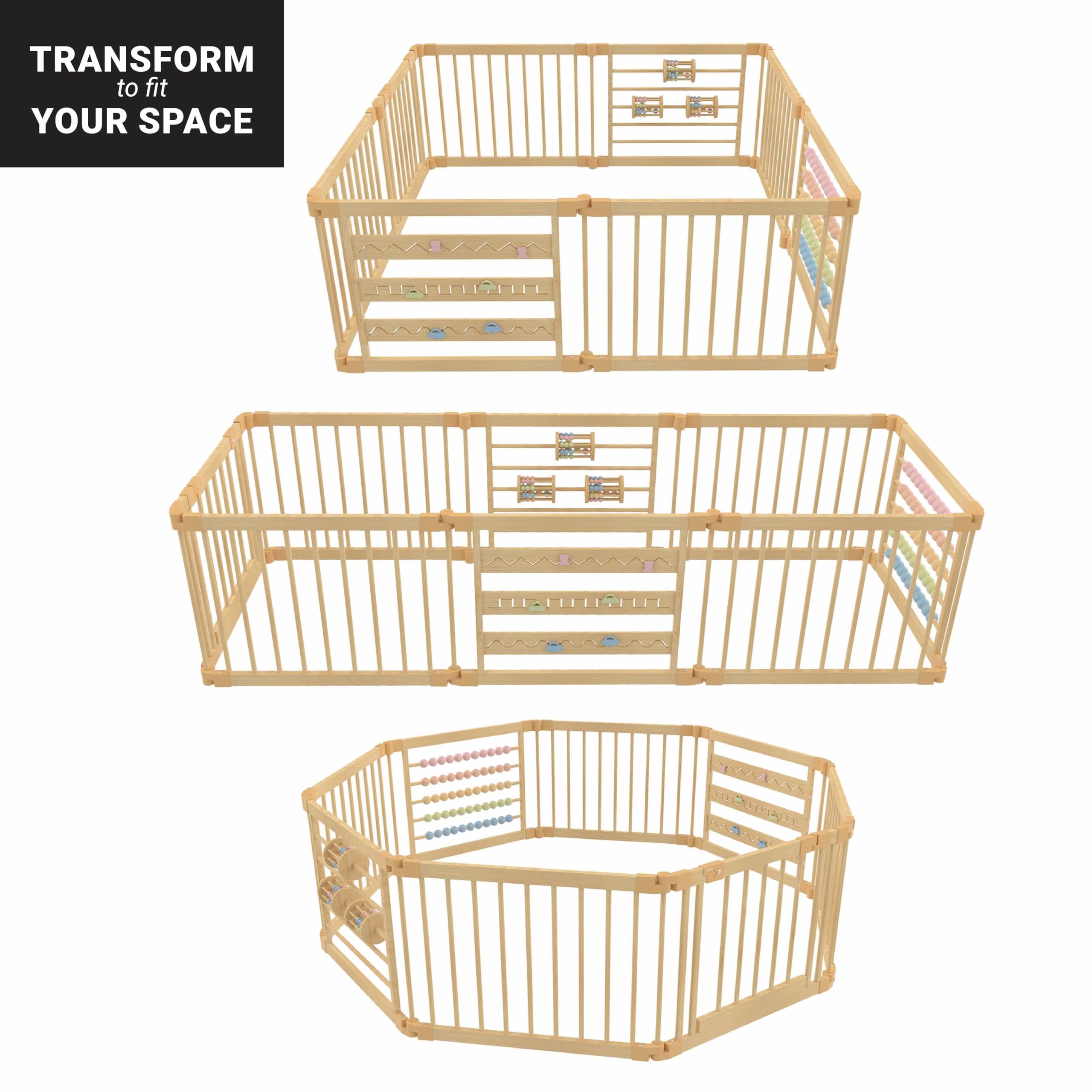 Extra Large Wooden Playpen for Toddlers & Babies - 8/10 Panel Foldable & Adjustable Baby Play Yard - Natural Wood Baby Gate for Indoor/Outdoor Use - Perfect for Playrooms, Daycares & Backyards