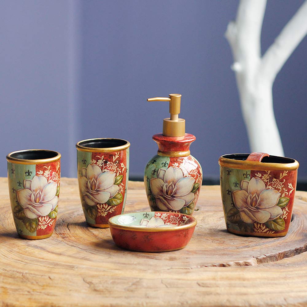 European-Style Ceramic Soap Dispenser Set with Magnolia Painting & Gold Trim - 5-Piece Bathroom Accessories (Toothbrush Holder, Cup, Soap Box) for Elegant Home Decor & Spa-Like Bathroom Experience