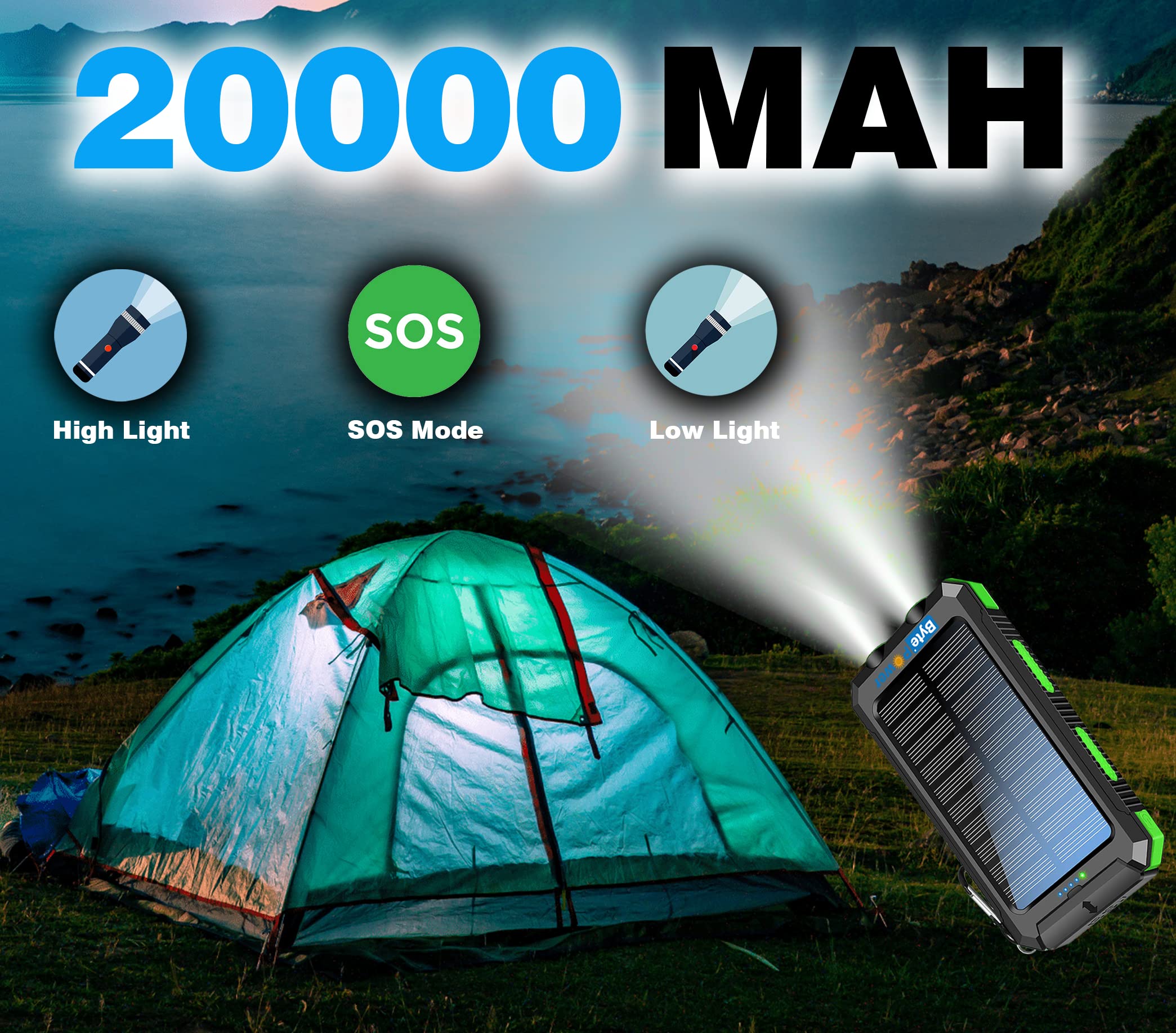 20000mAh Solar Power Bank with Built-in Flashlight - Portable Solar Phone Charger with Compass, Carabiner & Whistle - Waterproof Outdoor Solar Panel Charger for Camping, Hiking, Emergency & Travel (Green)