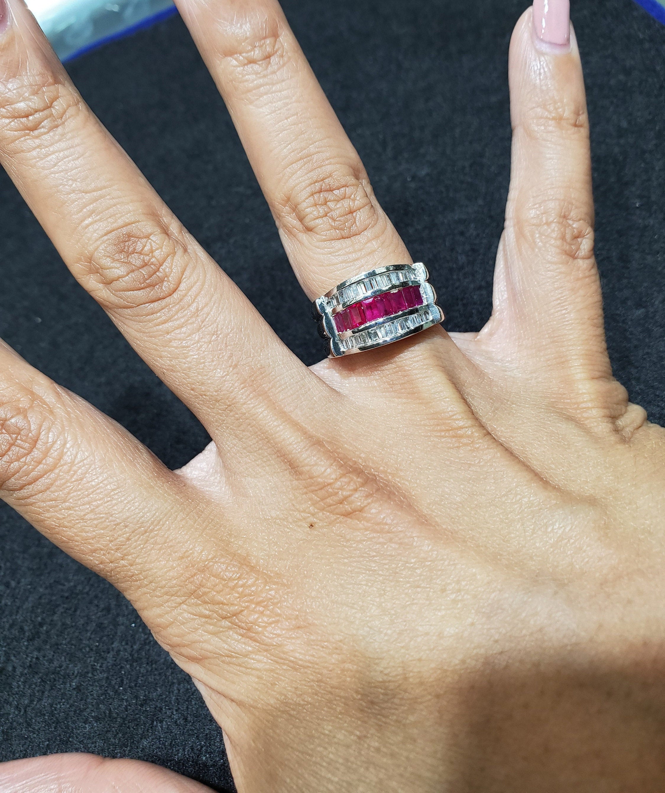 2.00cttw Ruby & Diamond Baguette Cocktail Ring in 14k White Gold - Elegant Jewelry for Evening Parties, Weddings & Special Occasions
