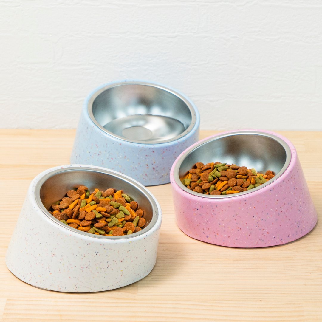 Bzyoo 16oz Tilted Dog Bowl for Small Dogs & Cats - Ergonomic Elevated Pet Food Dish, Anti-Slip Base, Slow Feeder, White - Perfect for Puppies, Kittens & Senior Pets with Neck Pain