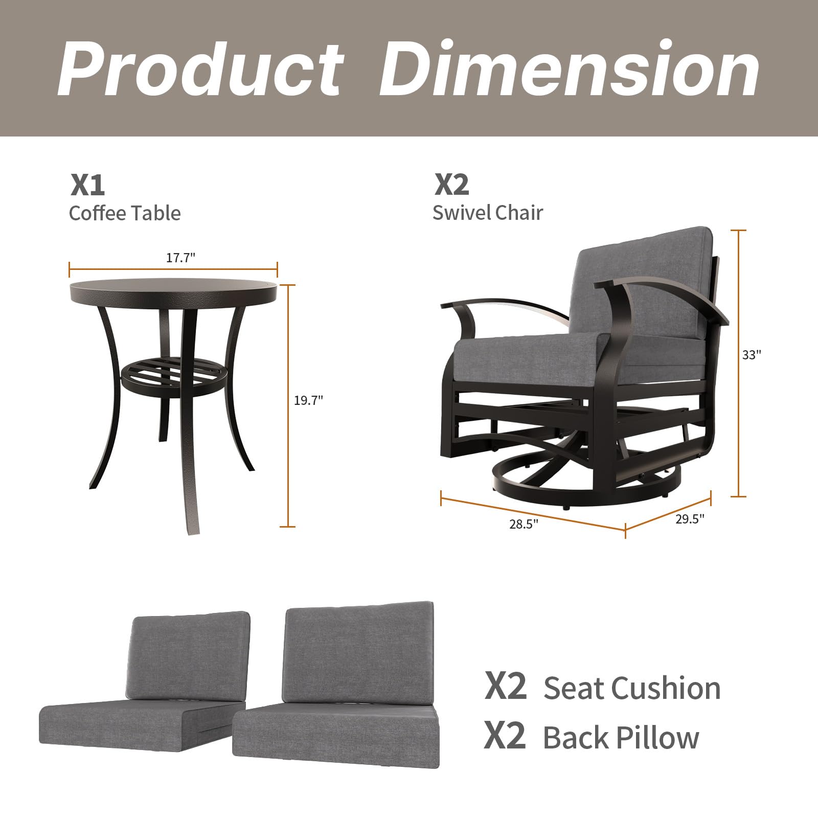 Gotland 3-Piece Outdoor Aluminum Swivel Rocking Chair Set with Coffee Table & Cushions - Patio Furniture for Porch, Garden, Deck, or Backyard Relaxation