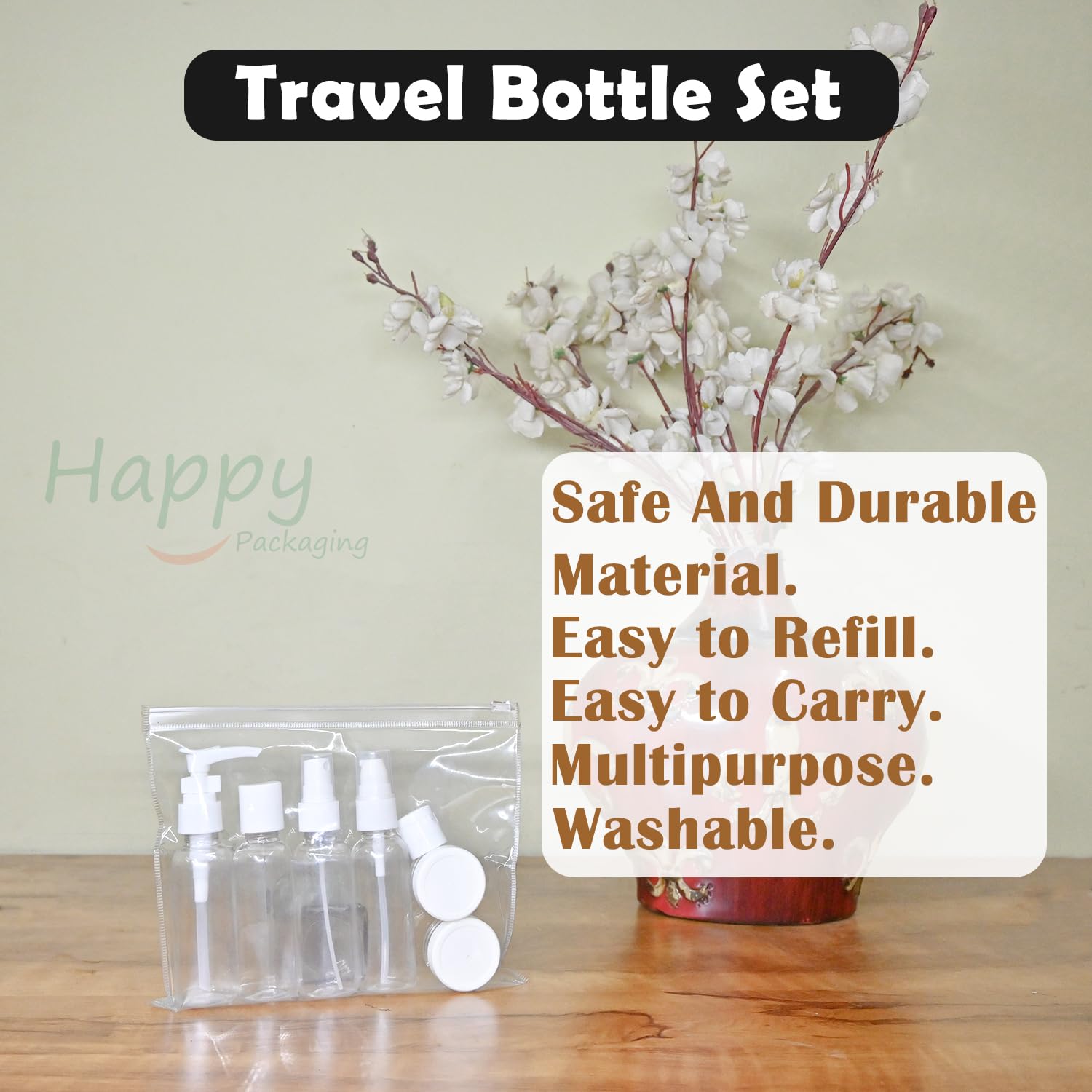 Happy Packaging 7-Piece Travel Bottles Kit - Leak Proof Refillable Toiletry Containers Set for Shampoo, Lotion, Cream & Mist Spray | Portable Cosmetic Jars for Airplane, Gym & Vacation (4 Bottles, White)