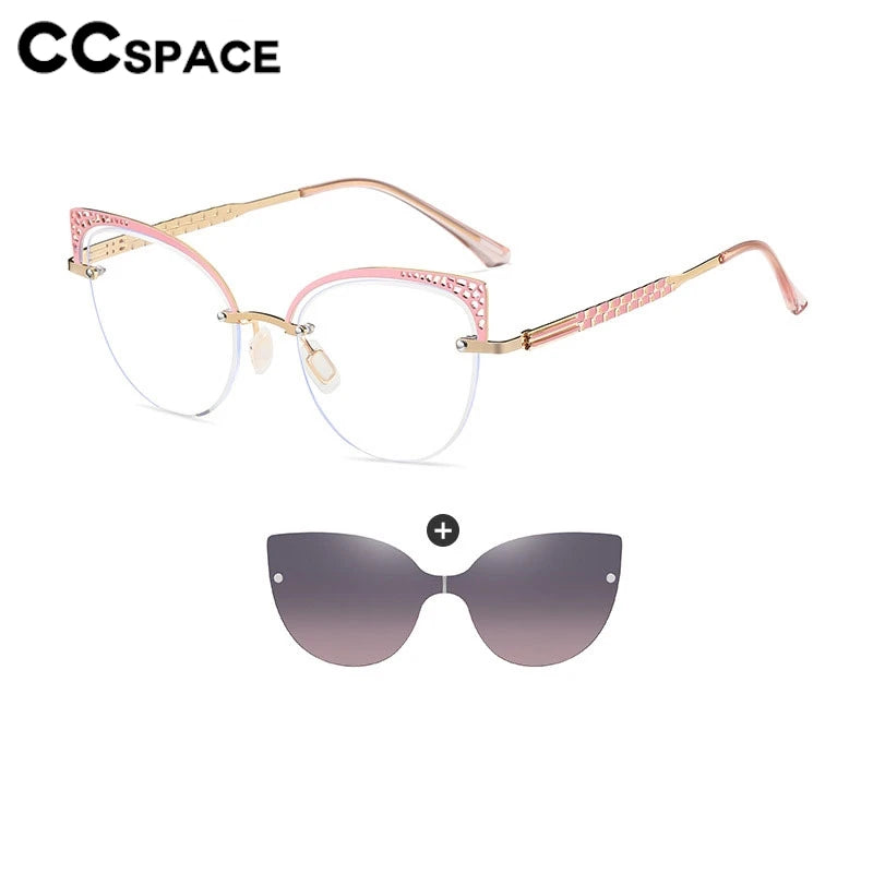 CCSpace Women's Full Rim Oval Cat Eye Alloy Eyeglasses with Clip-On Sunglasses - Fashionable Retro Frame for Work, Driving & Outdoor Activities (Model 302035)