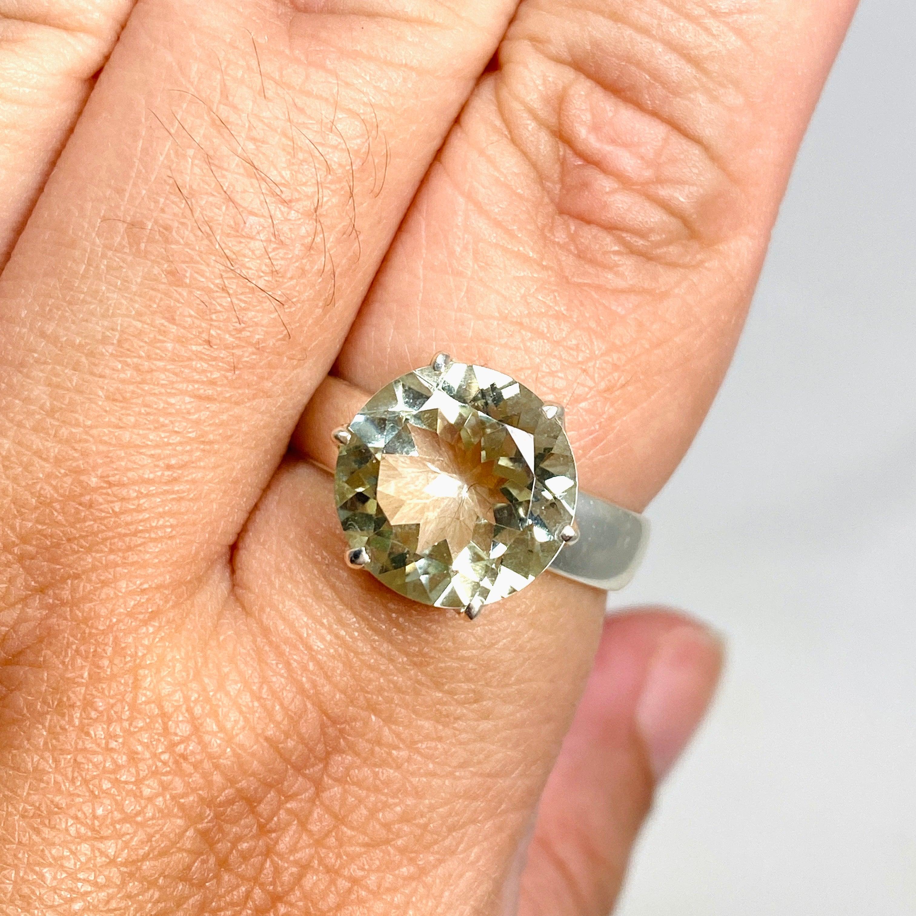 Natural Prasiolite (Green Amethyst) Faceted Round Ring - Size 12 - PRGJ415 - Perfect for Engagement, Wedding & Special Occasions